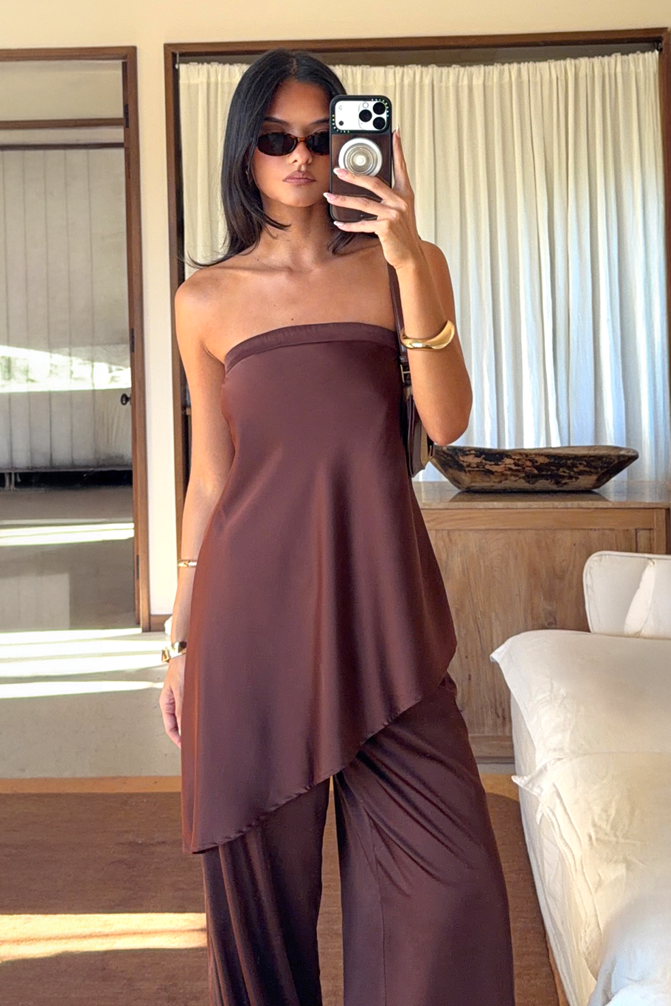 selfie leslie brown dress Moonrise Off-Shoulder Long Sleeve Ruched Dress Brown main image 1