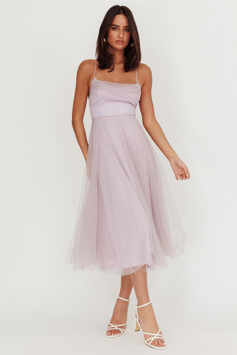 Floating By Pleated Neckline Mesh Midi Dress Embellished White