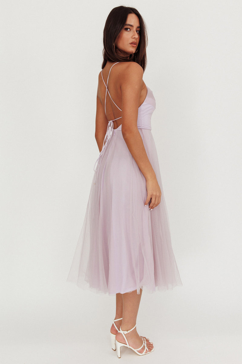 Floating By Pleated Neckline Mesh Midi Dress White