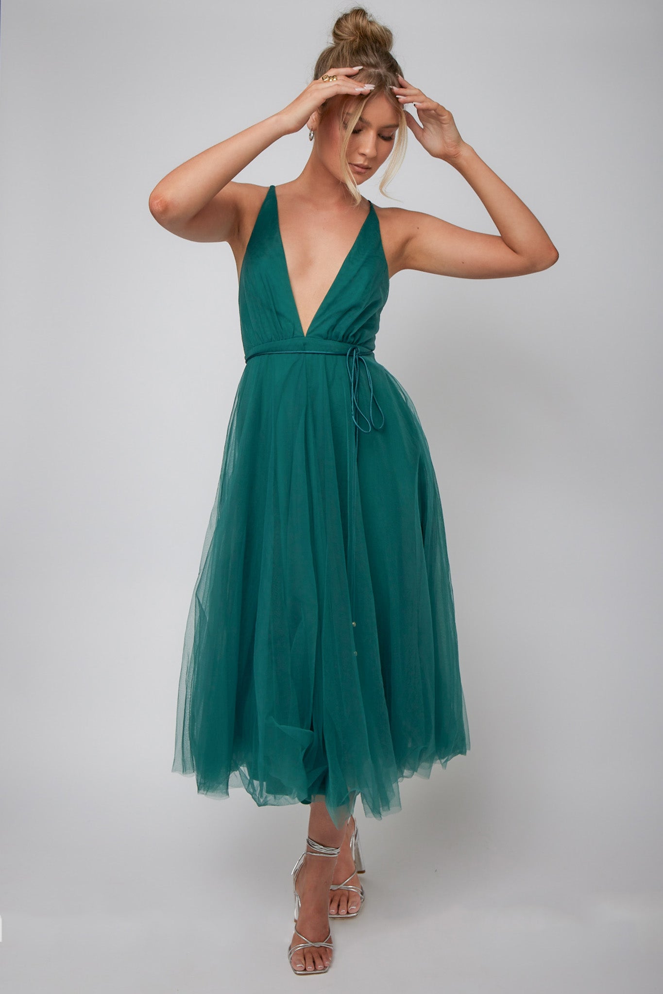 Floating By Plunging Neckline Mesh Overlay Midi Dress Forest Green– Selfie  Leslie