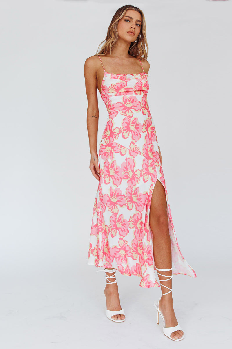 Well Versed Pleated Bust Front Split Dress Desert Rose