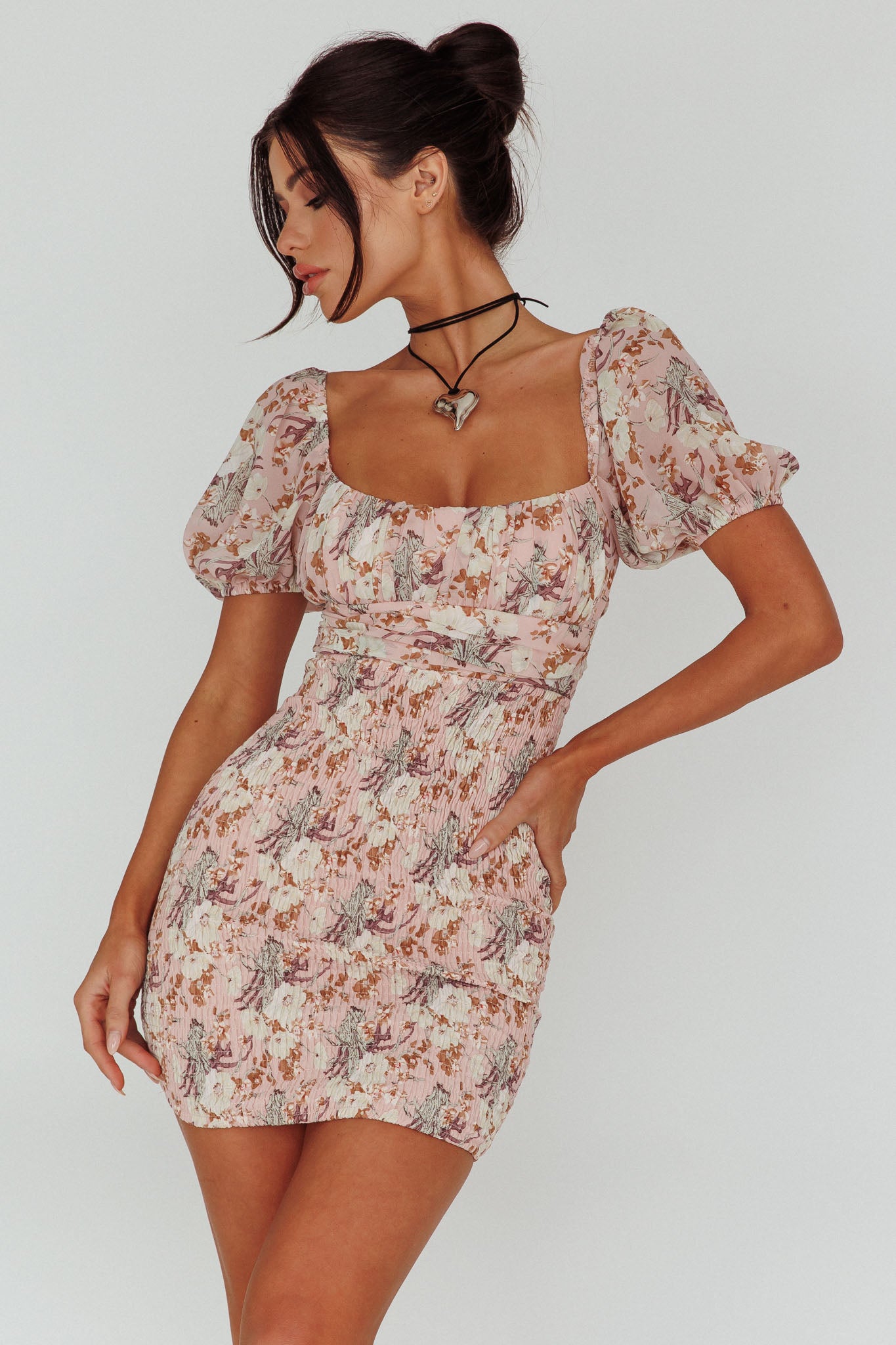 Joie Puff Sleeve Shirred Dress Floral Print White/Blue