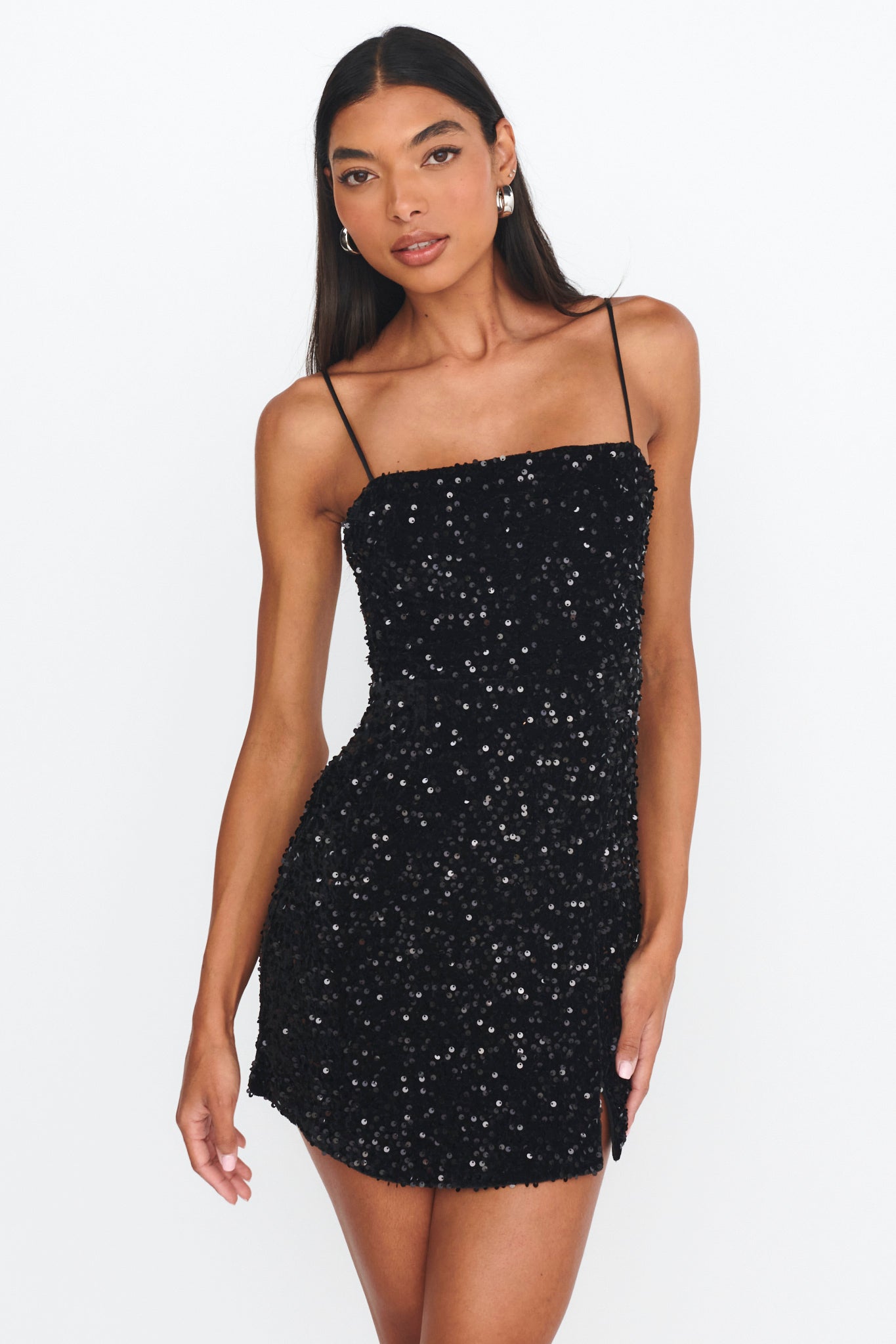 Atlanta Square Neckline Sequin Dress Black | Selfie Leslie