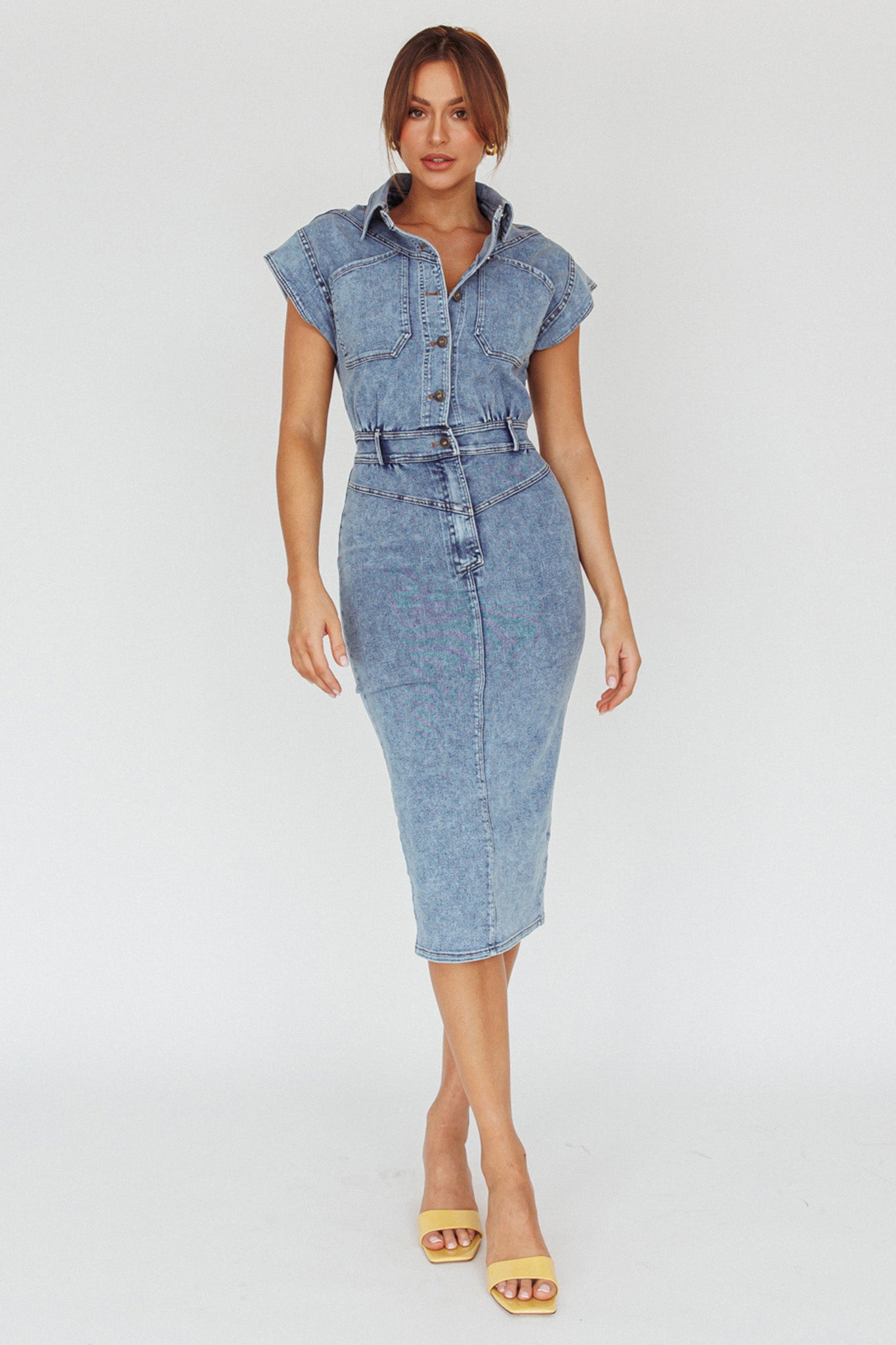 new look denim midi dress New Day Short Sleeve Button-Up Midi Dress Denim