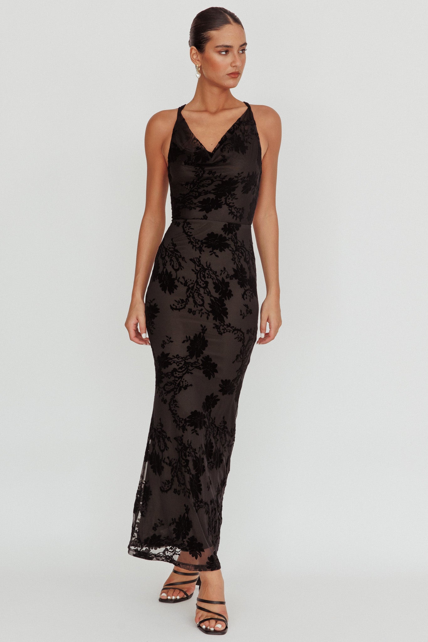 green emerald velvet dress Delancy Cowl Neck Floral Maxi Dress Black– Selfie Leslie