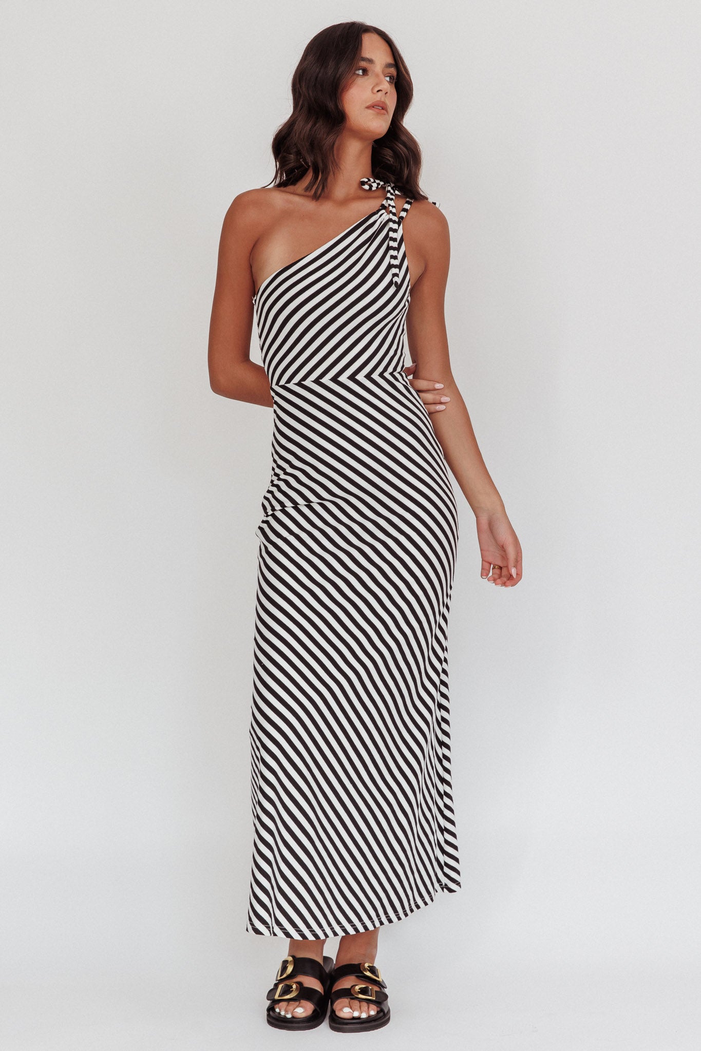 Ocean Road Tied One-Shoulder Maxi Dress Stripe Black Ocean Road Tied One-Shoulder Maxi Dress Stripe Black