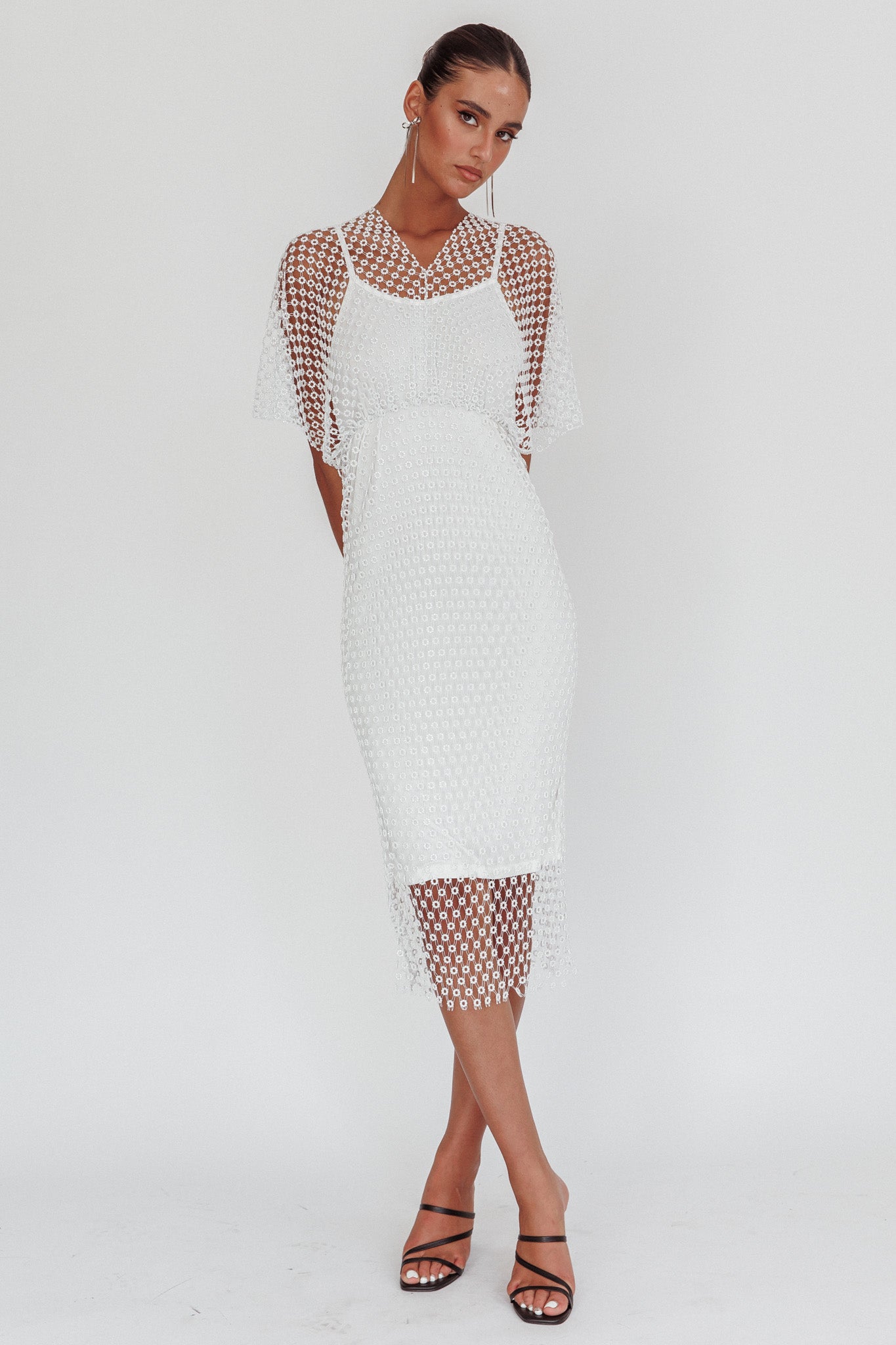 Astra Diamante Fishnet Midi Dress White Astra Diamante Fishnet Midi Dress White