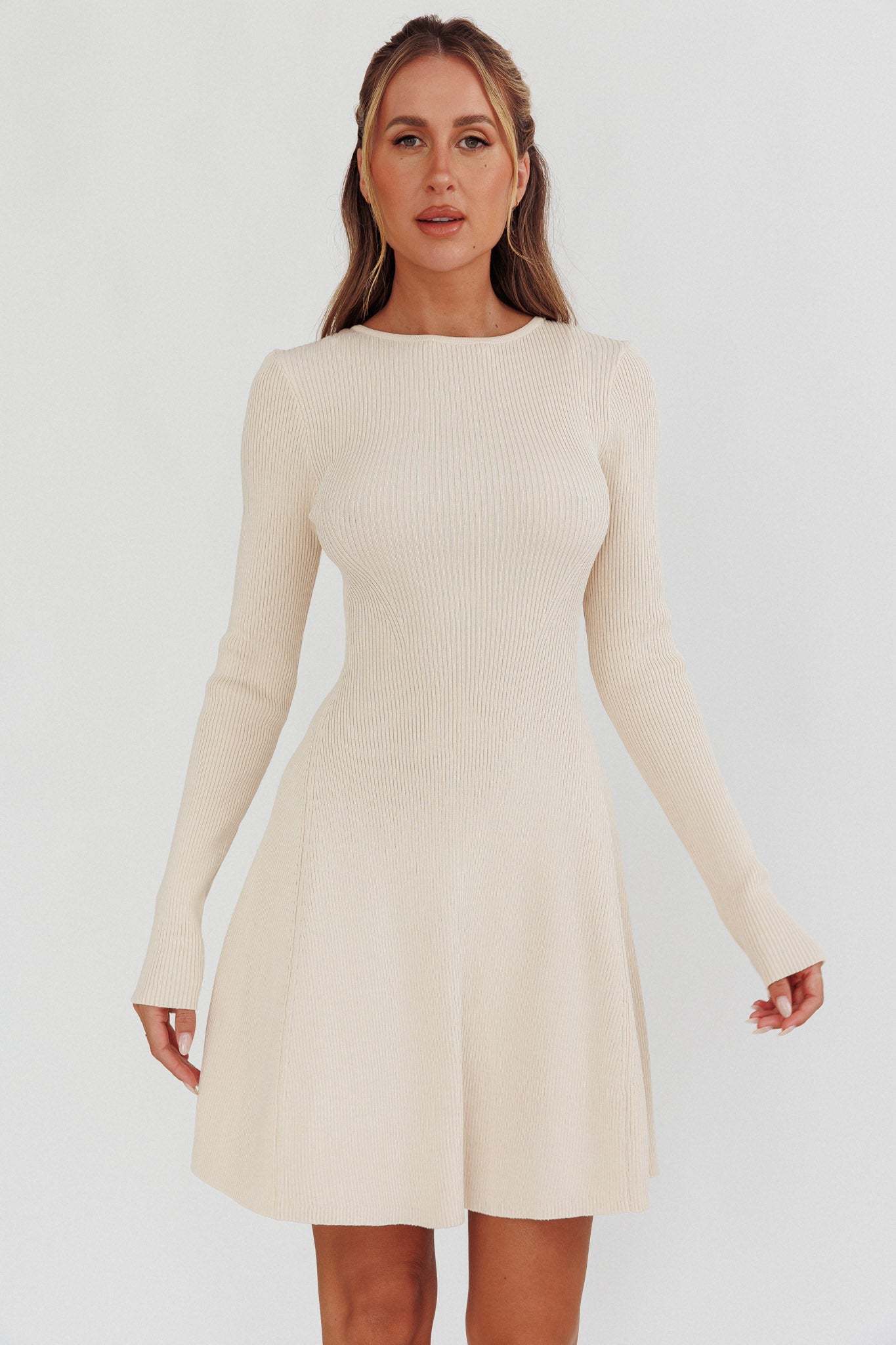 Intuitions Long Sleeve Ribbed Knit Dress Cream Intuitions Long Sleeve Ribbed Knit Dress Cream
