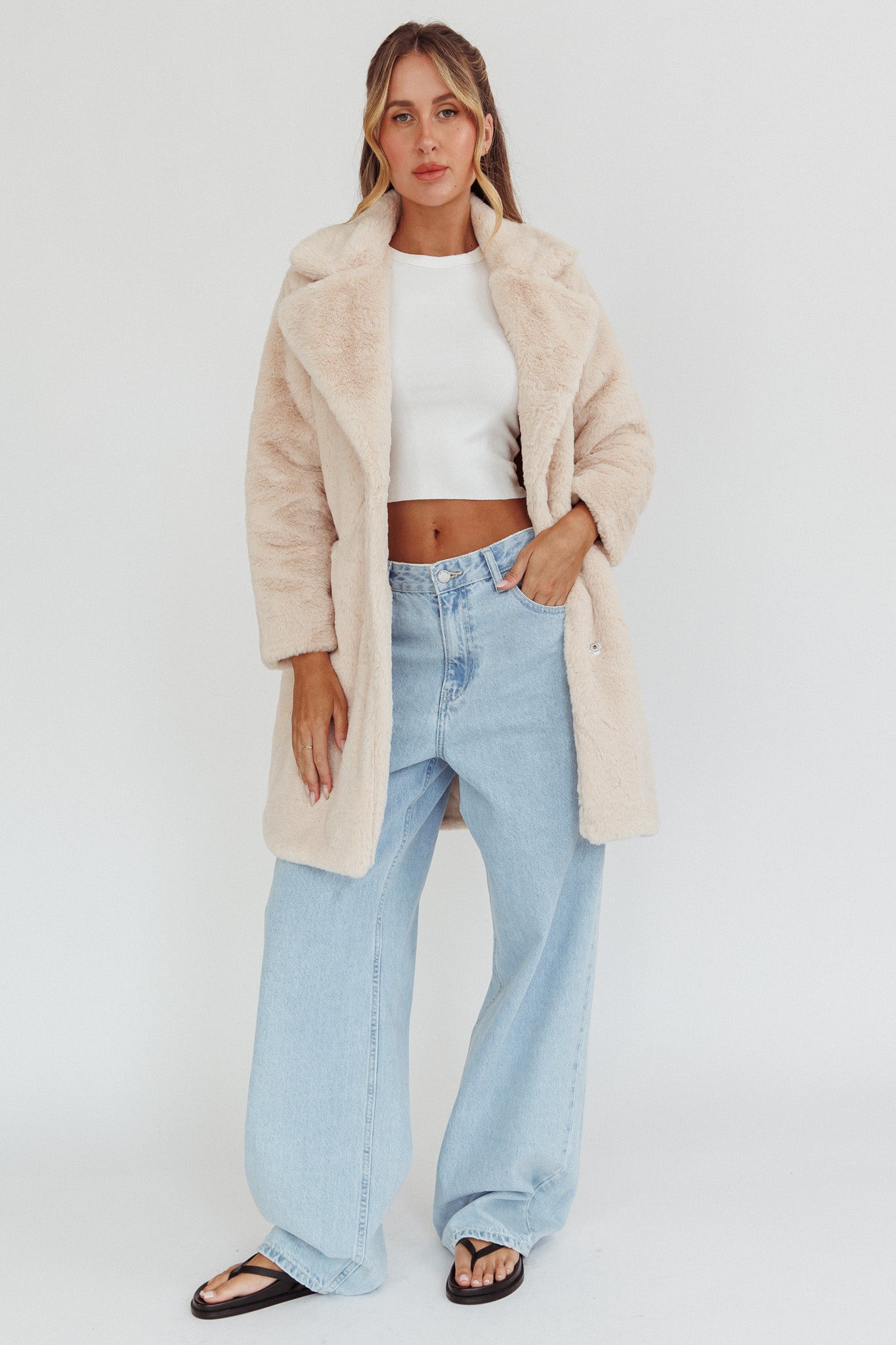 Perceptions Longline Faux Fur Coat Beige | Selfie Leslie