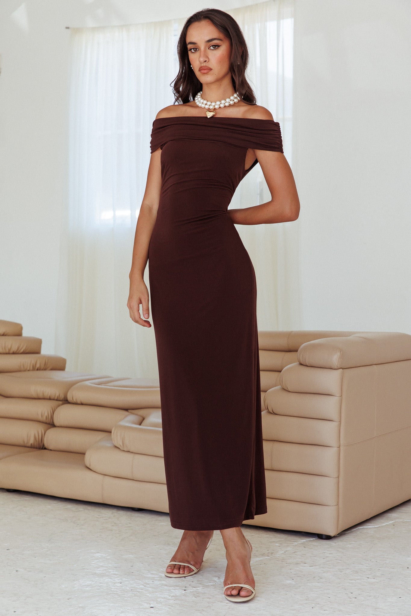 chinese dress ladies Cruising Sunset Off Shoulder Dress Chocolate– Selfie Leslie
