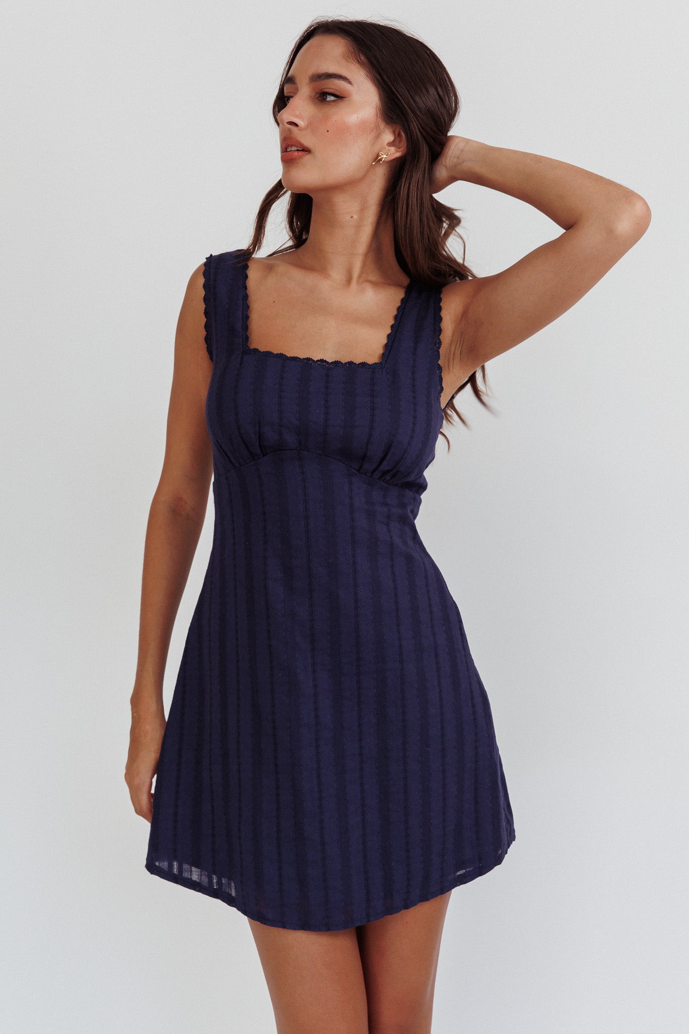 Aura Girl Square Neckline Mini Dress Navy Aura Girl Square Neckline Mini Dress Navy