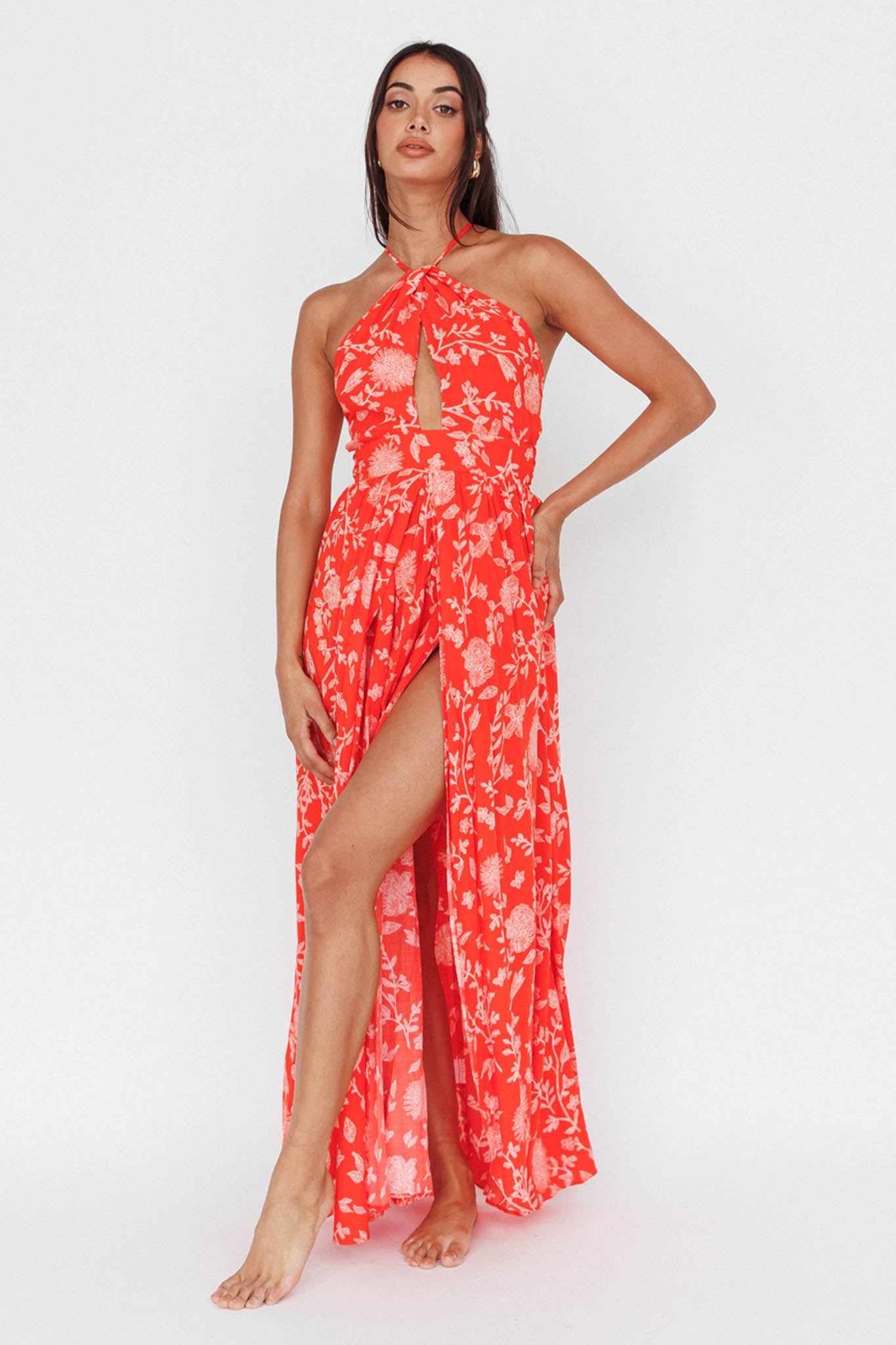 Athena High Split Maxi Dress Floral Print Red Selfie Leslie Athena High Split Maxi Dress Floral Print Red Selfie Leslie