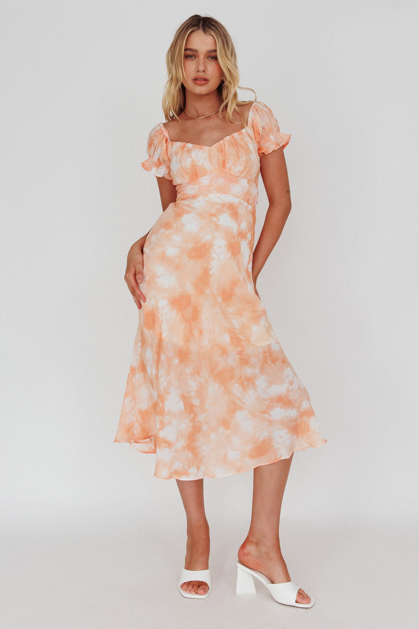 midi dress tie dye Linka Puff Sleeve Midi Dress Tie-Dye Orange