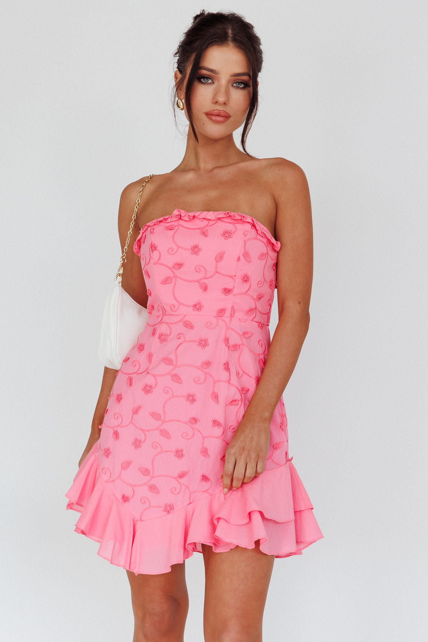 Cece Embroidered Bandeau Dress Hot Pink - S Cece Embroidered Bandeau Dress Hot Pink - S