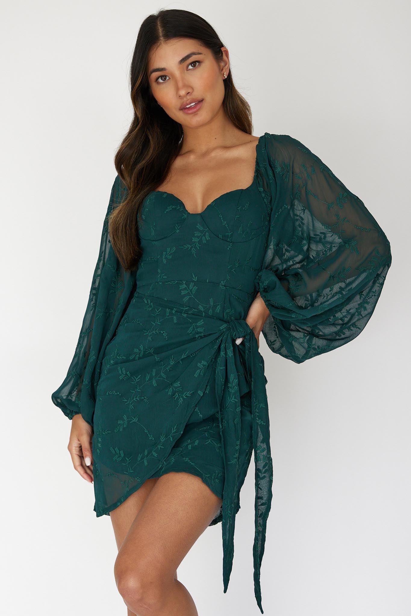 Aphrodite Long Sleeve Embroidered Dress Forest Green - M Aphrodite Long Sleeve Embroidered Dress Forest Green - M