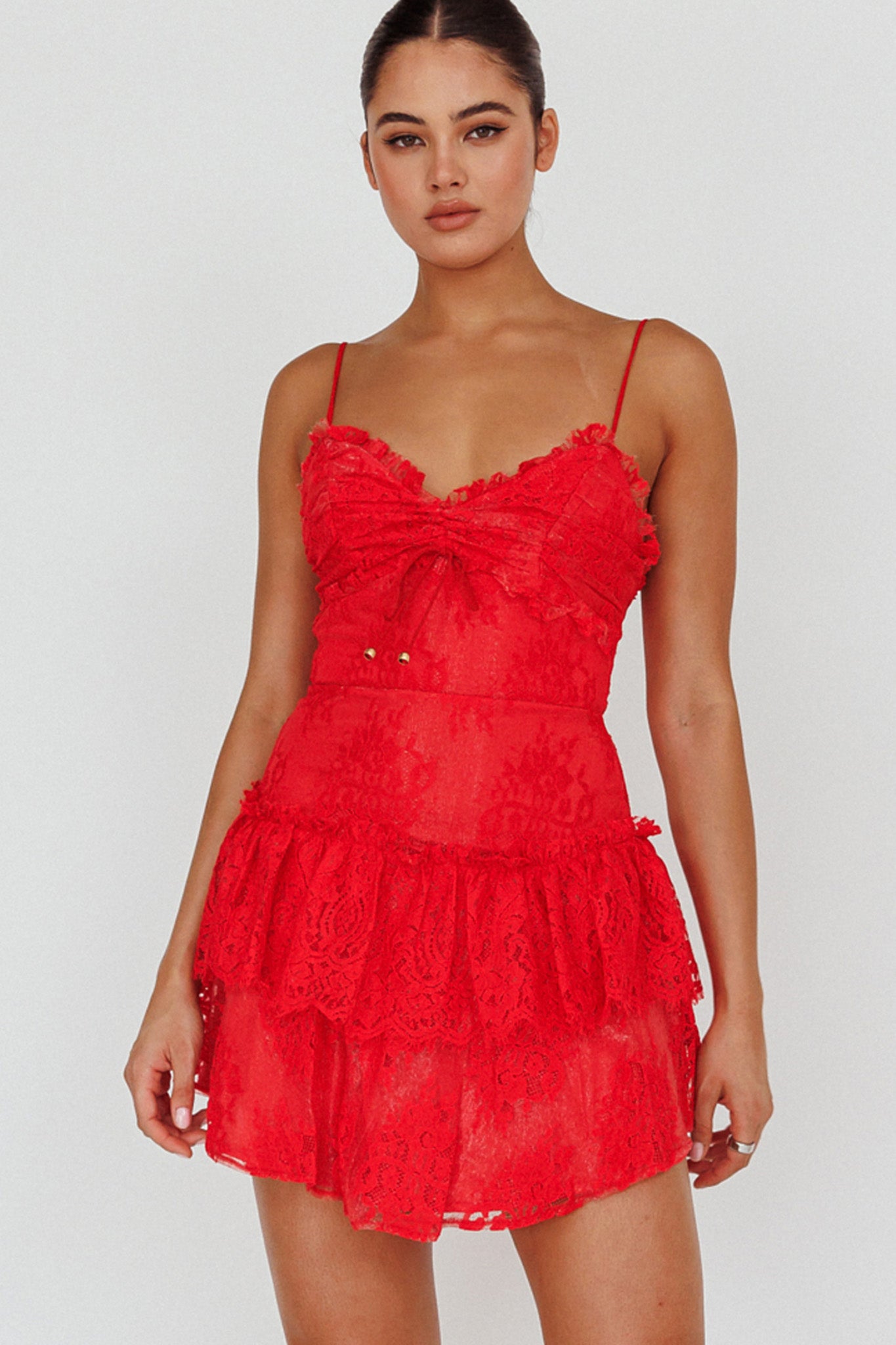 St Tropez Cami Strap Frill Trim Lace Mini Dress Red St Tropez Cami Strap Frill Trim Lace Mini Dress Red