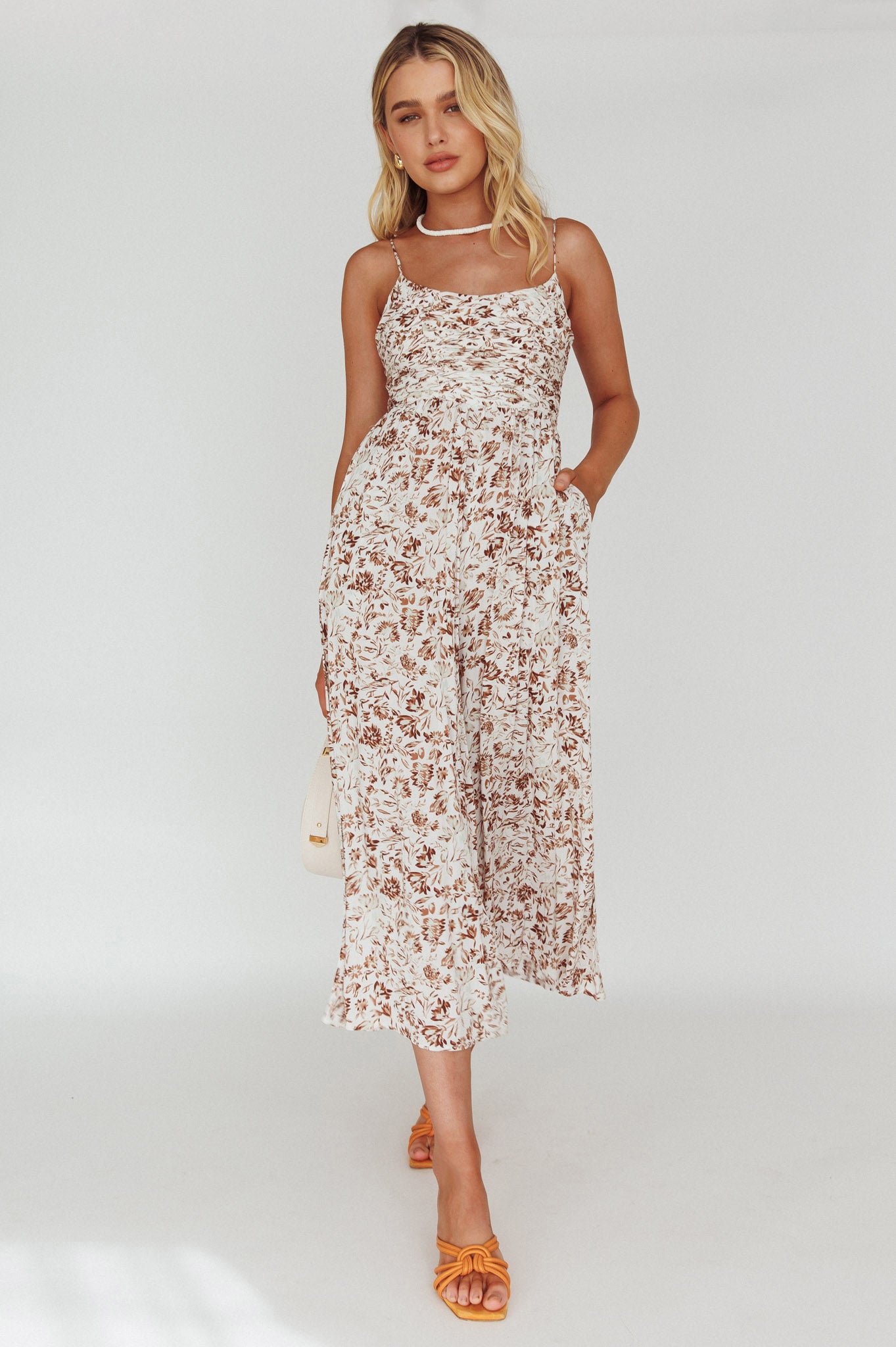 midi jumpsuit dress Corrie Gathered Bodice Jumpsuit Floral White
