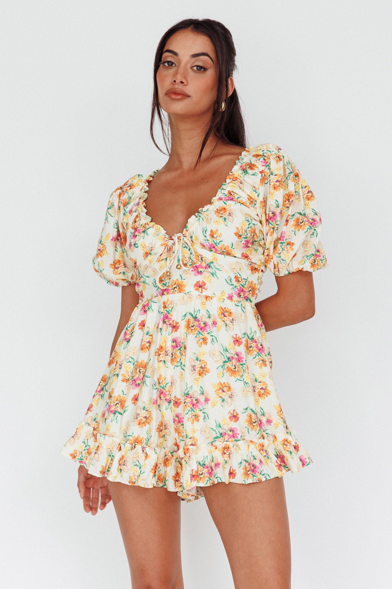 Costa Rica Puff Sleeve Romper Floral Beige Selfie Leslie Costa Rica Puff Sleeve Romper Floral Beige Selfie Leslie