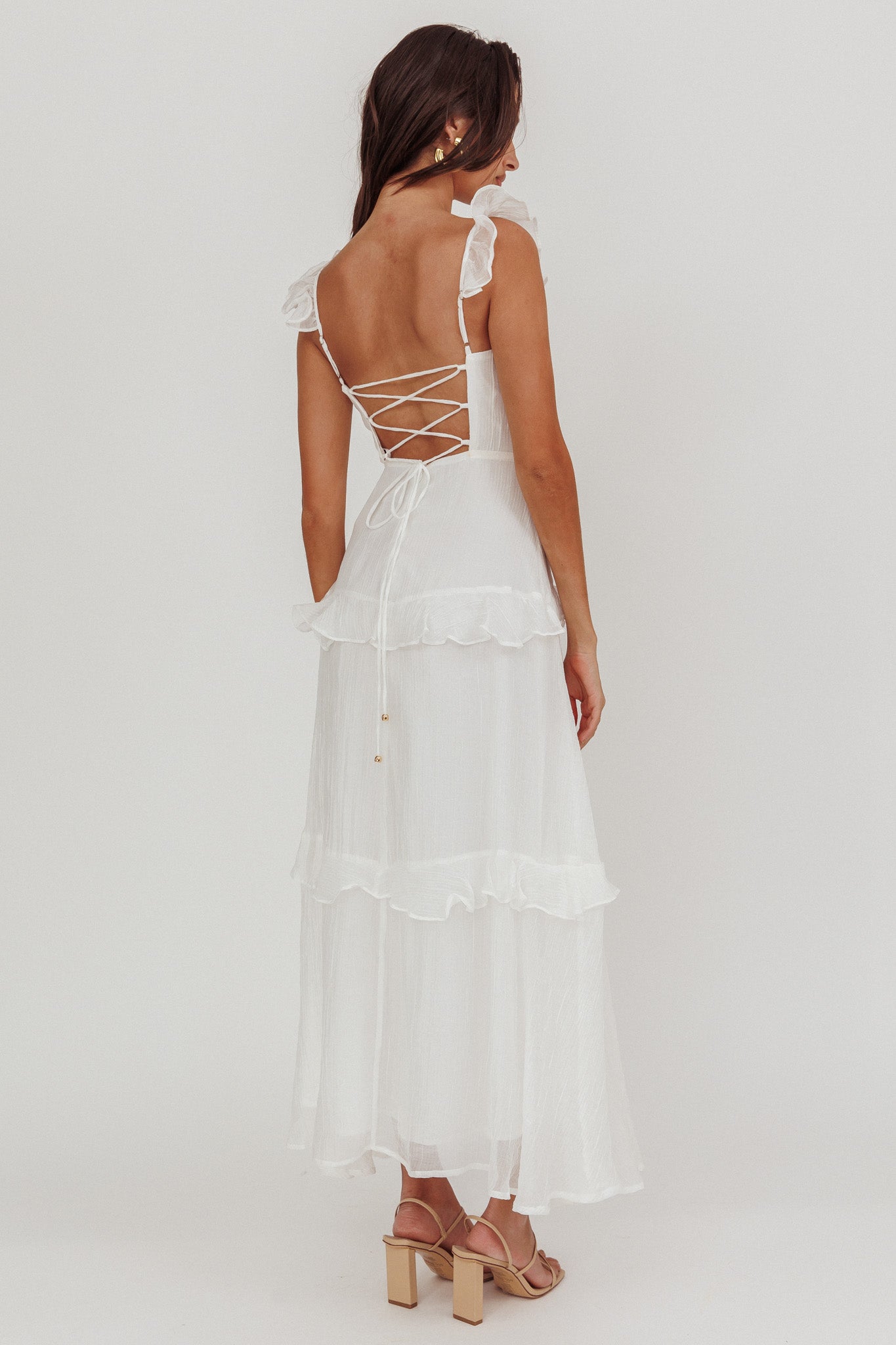 Moonlit Moment Ruffle Trim Lace-Up Back Maxi Dress White - L Moonlit Moment Ruffle Trim Lace-Up Back Maxi Dress White - L