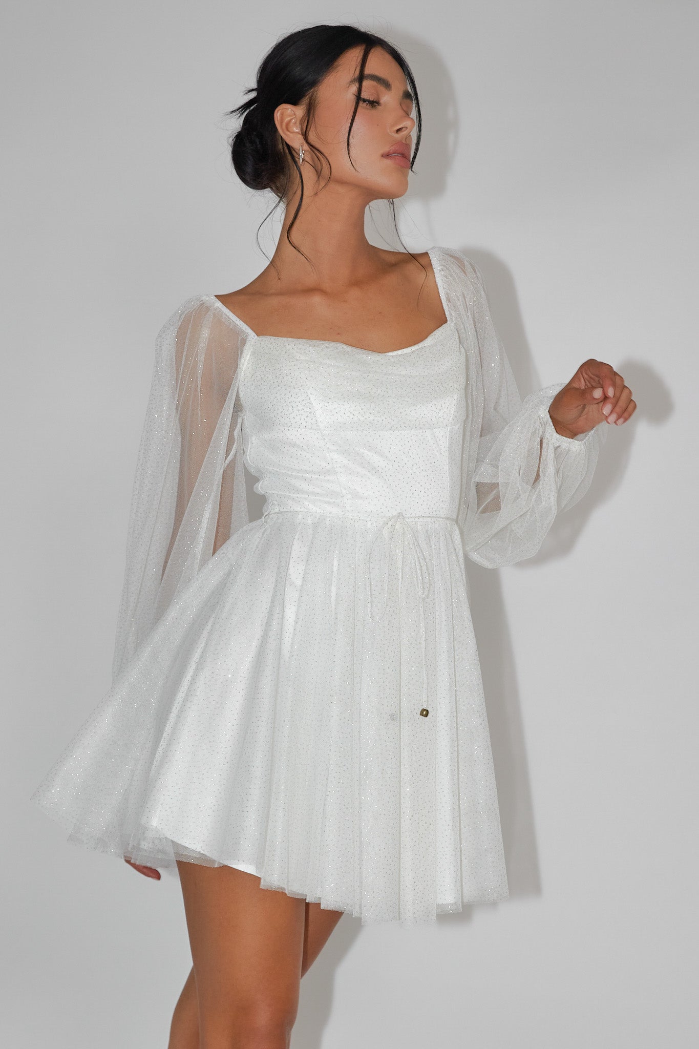 Fairytale Dream Pleat Neckline Mini Dress Sparkle White/Gold - XS Fairytale Dream Pleat Neckline Mini Dress Sparkle White/Gold - XS