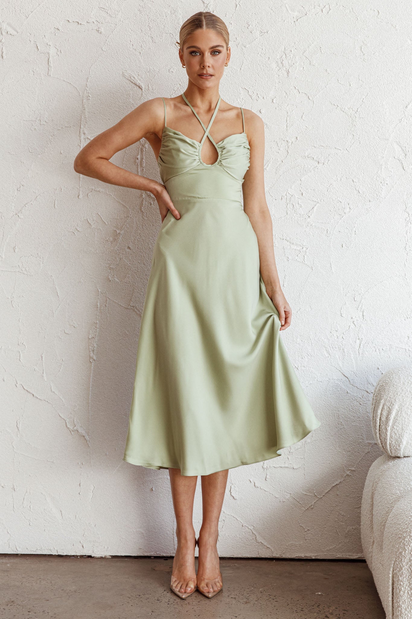 Emmalie Satin Midi Dress Sage Selfie Leslie Emmalie Satin Midi Dress Sage Selfie Leslie