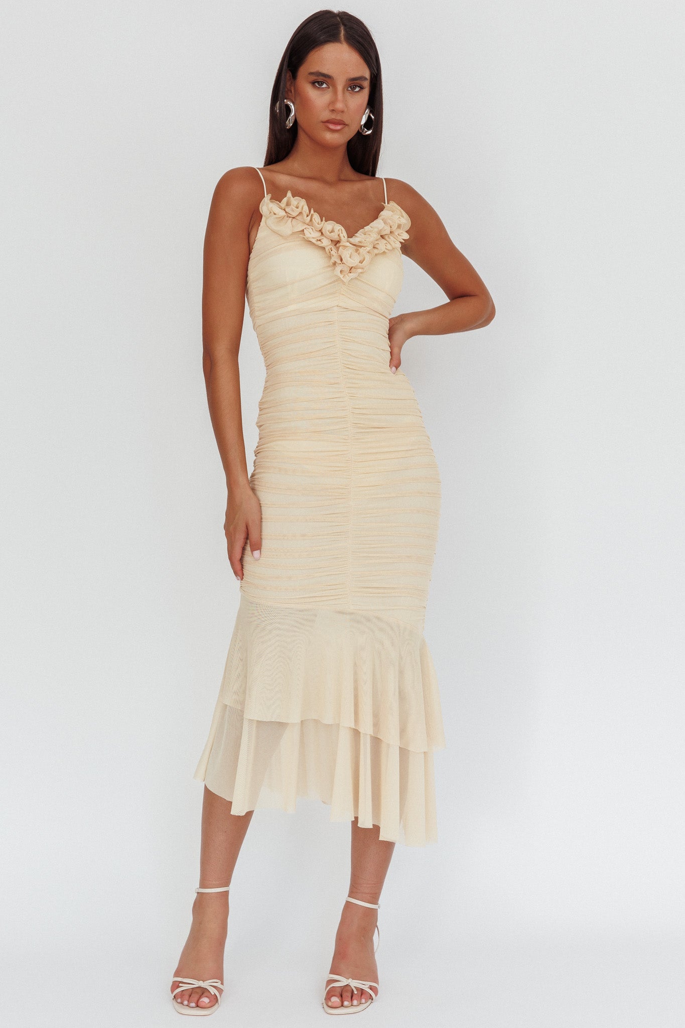 ruffle ruched midi dress Ruffled Sleeve Ruched Slit Midi Dress