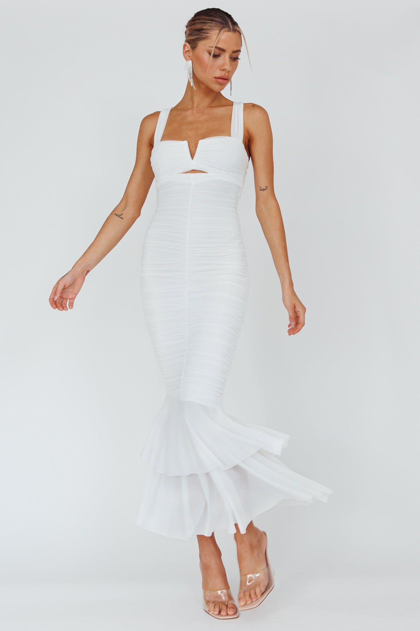 Nadia Ruched Fishtail Maxi Dress White Nadia Ruched Fishtail Maxi Dress White