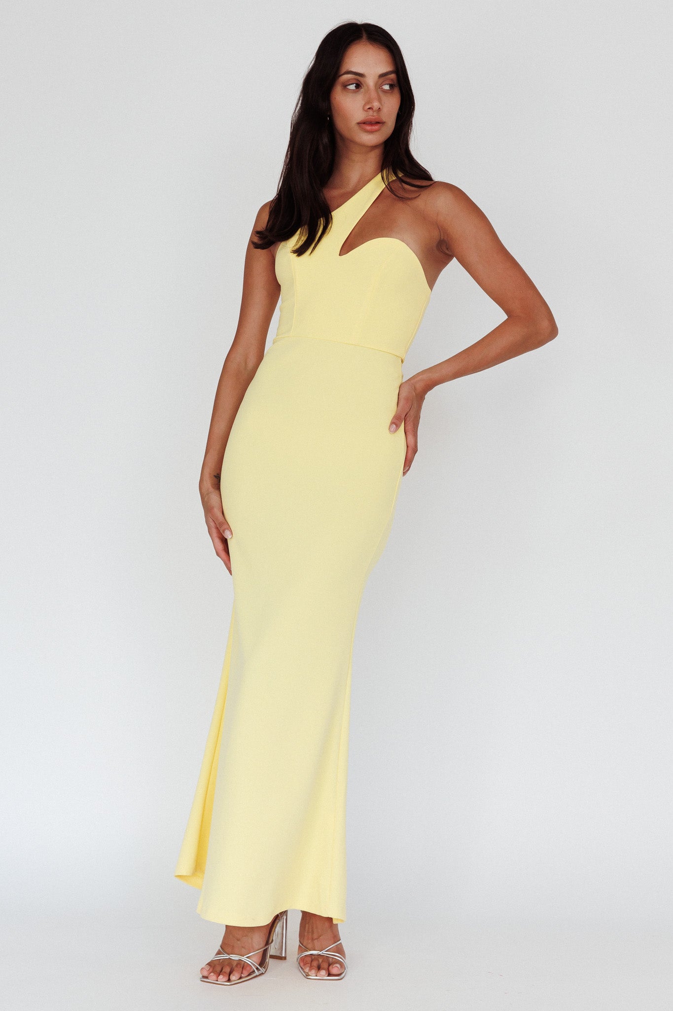 open lace back dress Shooting Stars One-Shoulder Maxi Dress Yellow