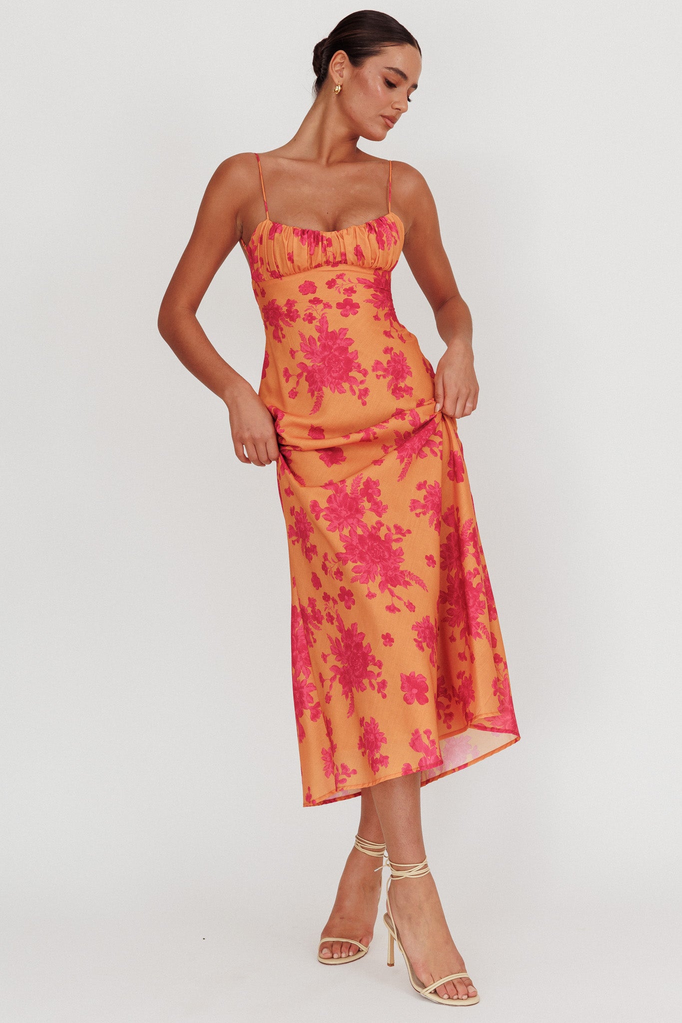 Nerida Low Back Twist Floral Maxi Dress Orange | Selfie Leslie Nerida Low Back Twist Floral Maxi Dress Orange | Selfie Leslie