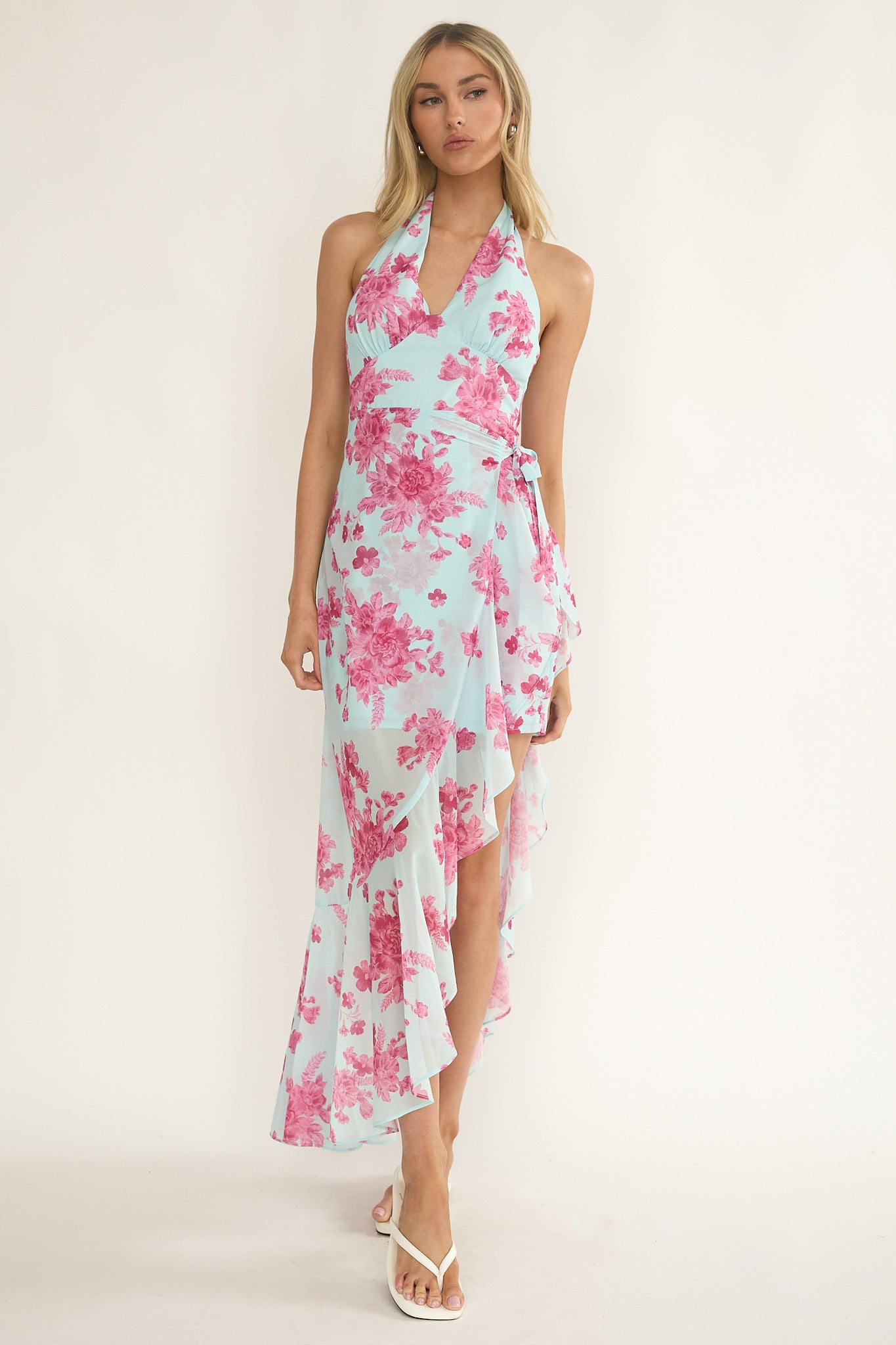 Nerida Waist Tie Asymmetric Dress Floral Ice Blue - XS Nerida Waist Tie Asymmetric Dress Floral Ice Blue - XS