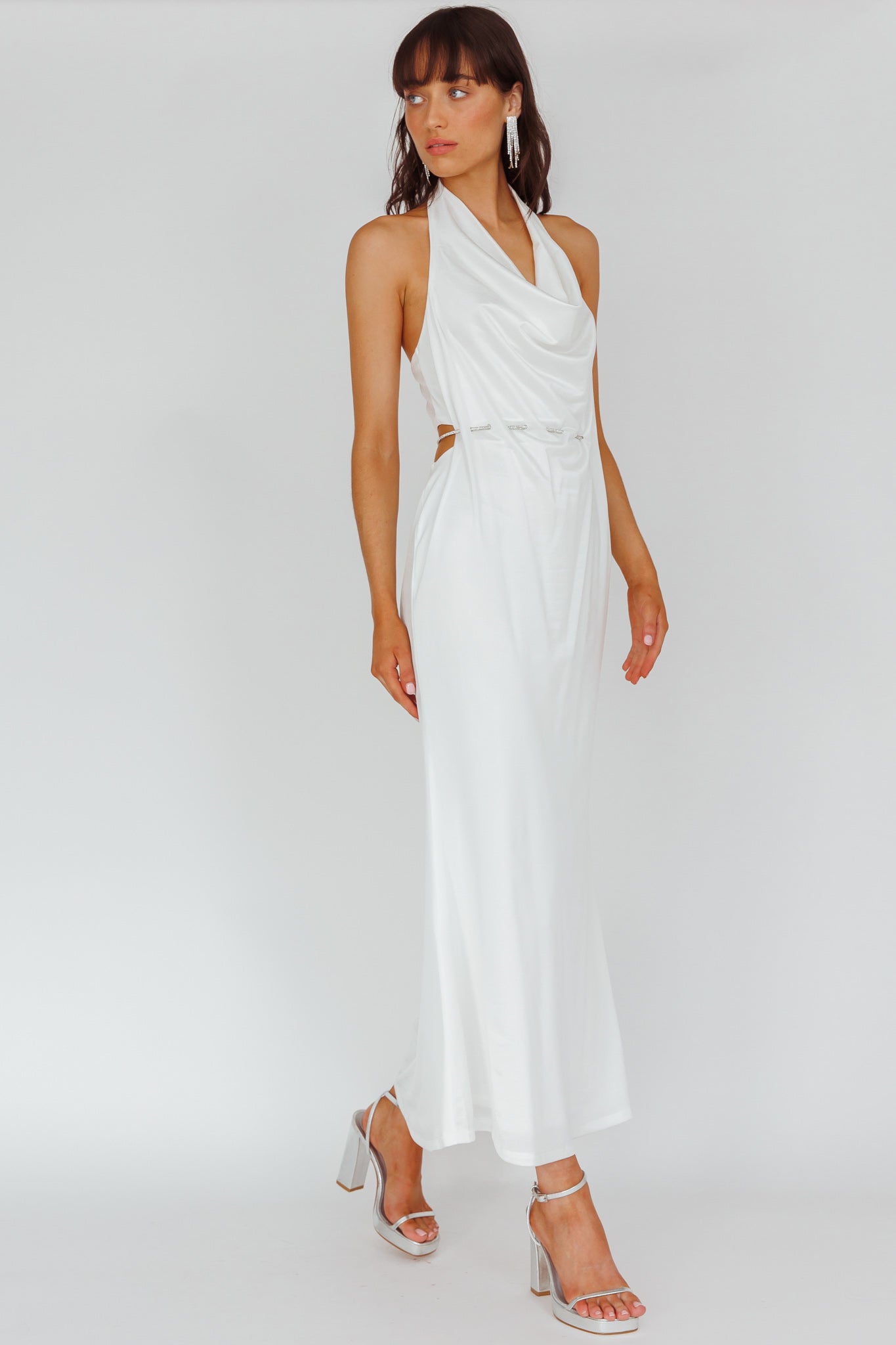 Emmi Cowl Neck Diamante Rope Dress White | Selfie Leslie