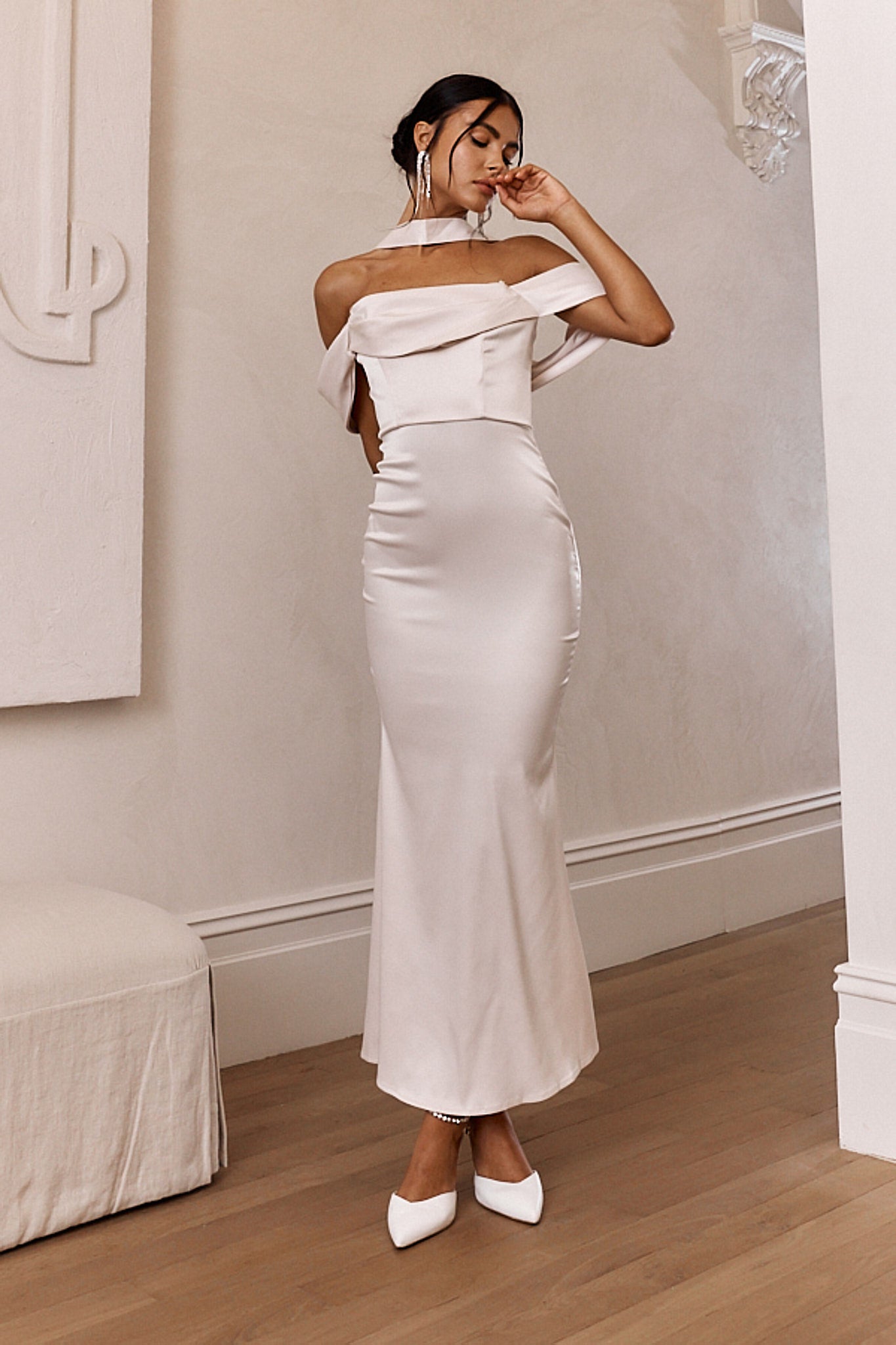 Eclipse Draped Sleeve Midi Dress Beige Eclipse Draped Sleeve Midi Dress Beige