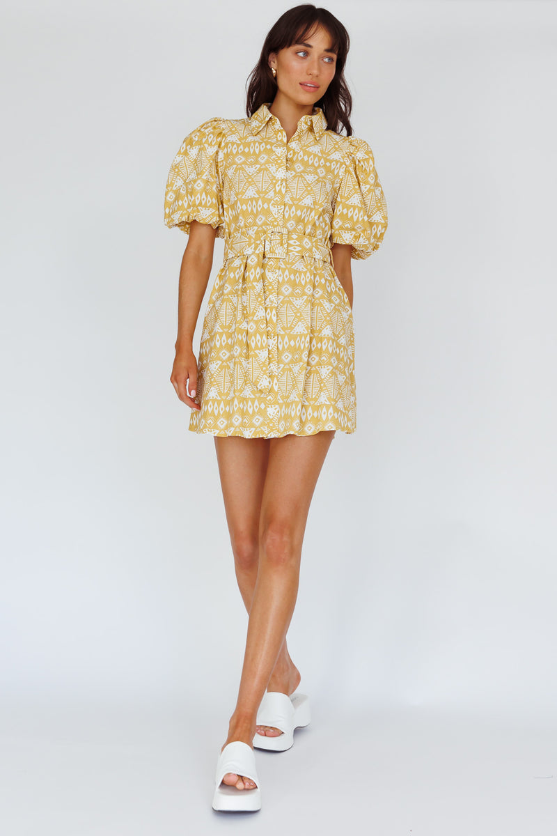 Shop the Nanette Puff Sleeve Belted Mini Dress Print Yellow