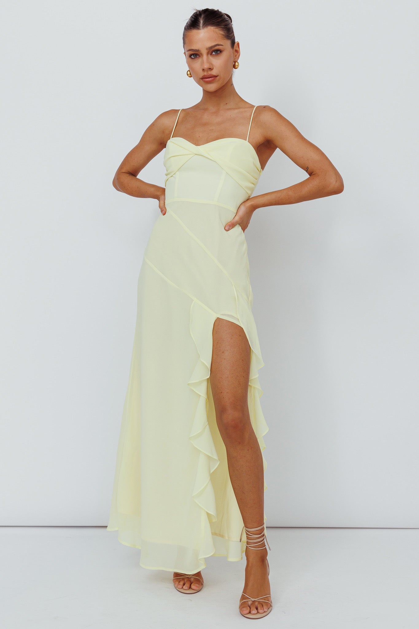 Jayna Ruffle Trim Split Dress Yellow Jayna Ruffle Trim Split Dress Yellow