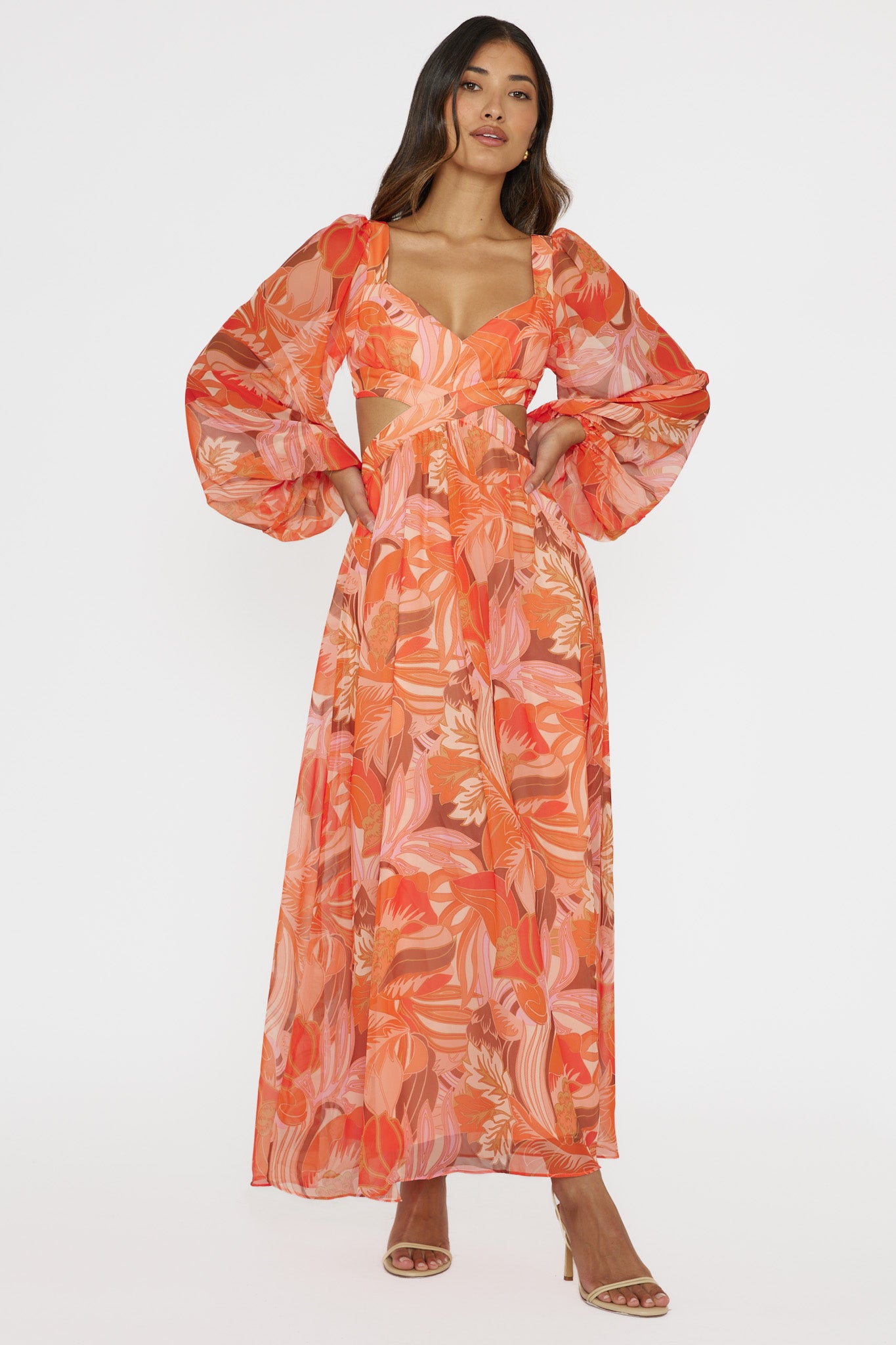 Maura Long Sleeve Lace-Up Back Dress Floral Orange Maura Long Sleeve Lace-Up Back Dress Floral Orange