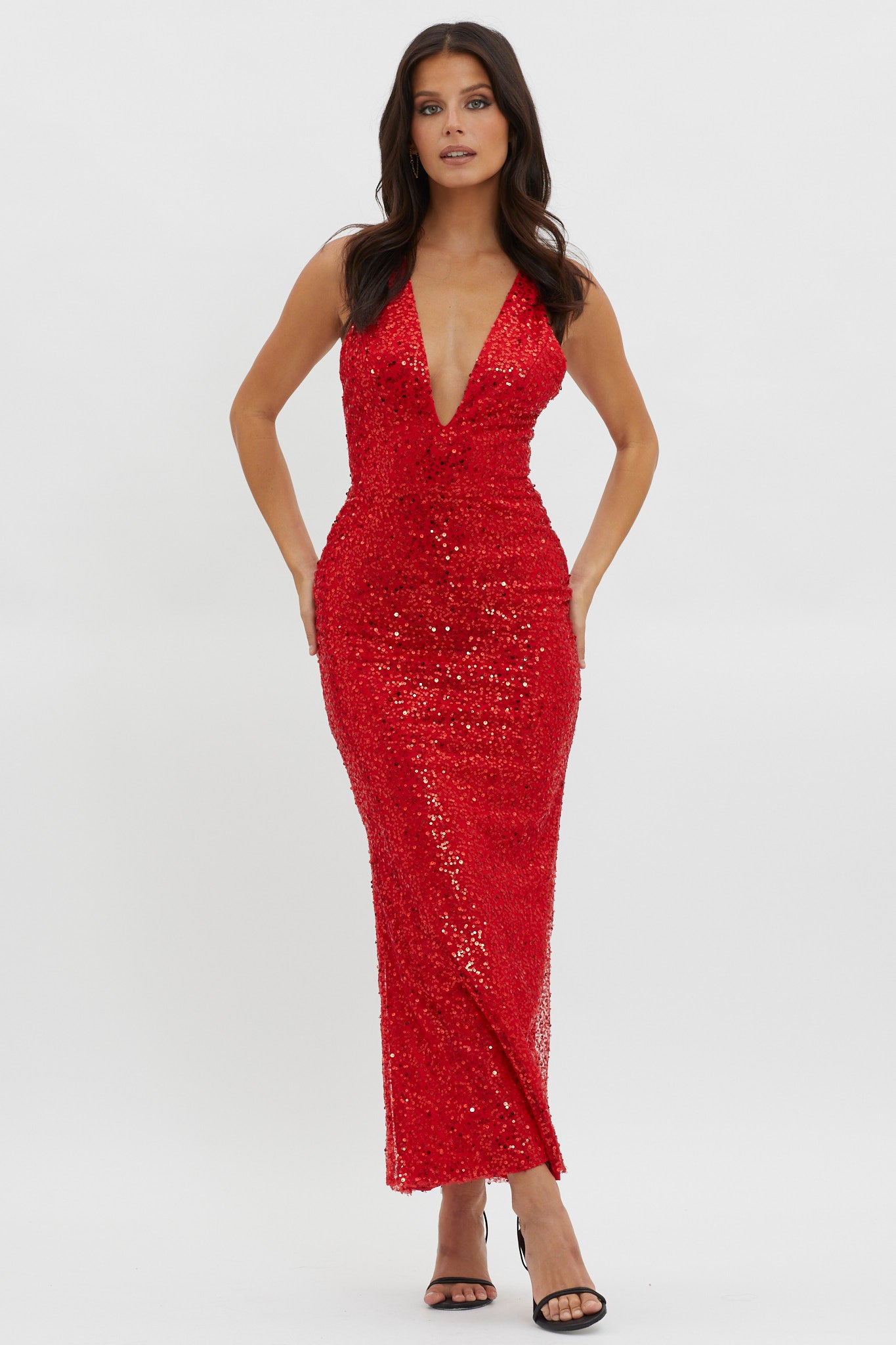 Glitter Nights Plunging Neckline Sequin Dress Red– Selfie Leslie