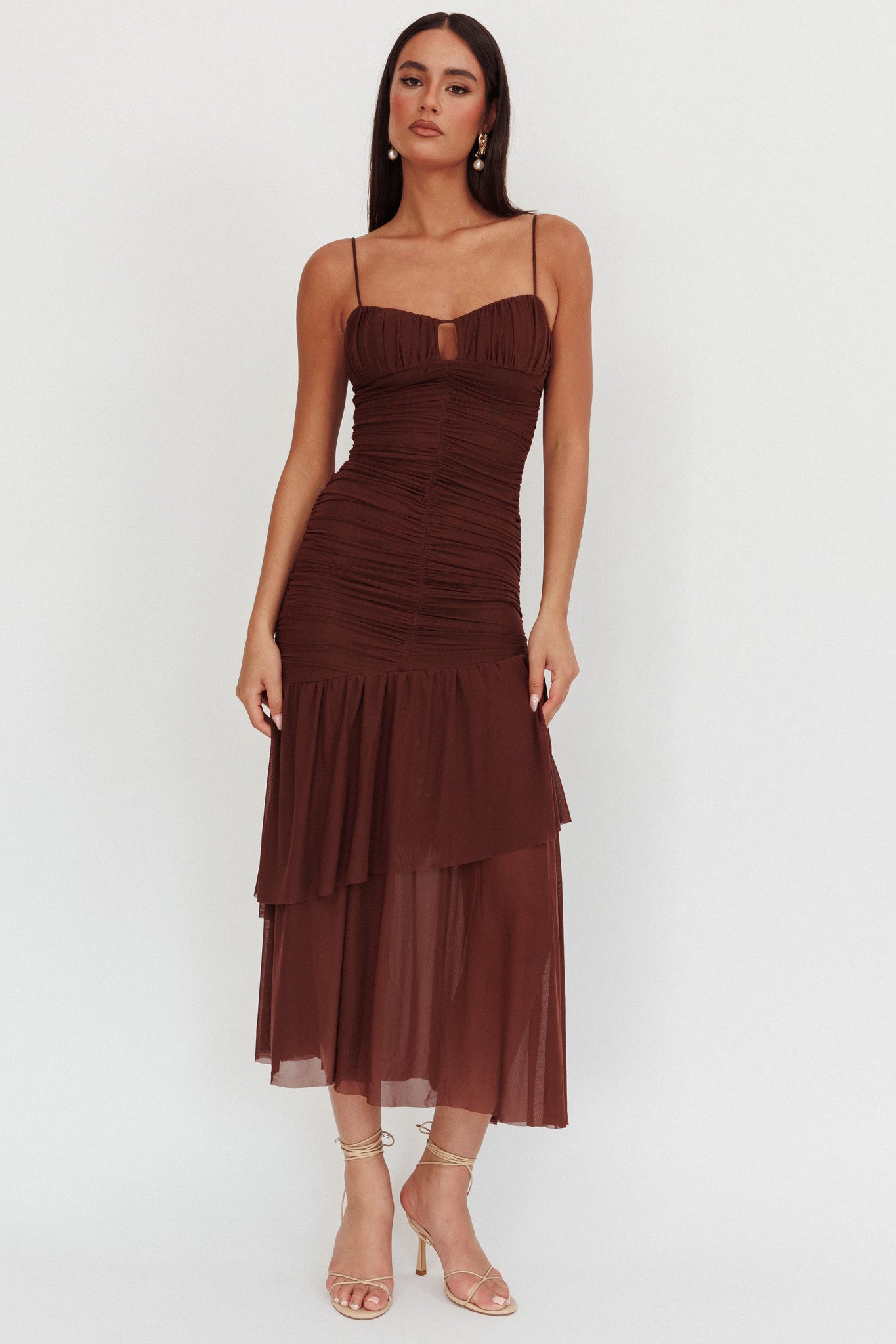 Kailua Ruched Tiered Hem Maxi Dress Chocolate | Selfie Leslie Kailua Ruched Tiered Hem Maxi Dress Chocolate | Selfie Leslie