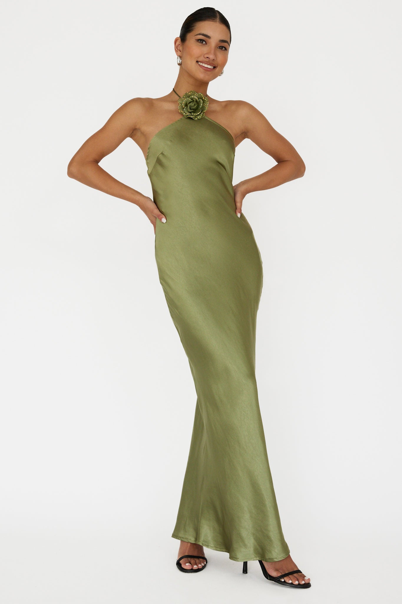 High Roller Flower Decoration Halter Dress Olive - L High Roller Flower Decoration Halter Dress Olive - L