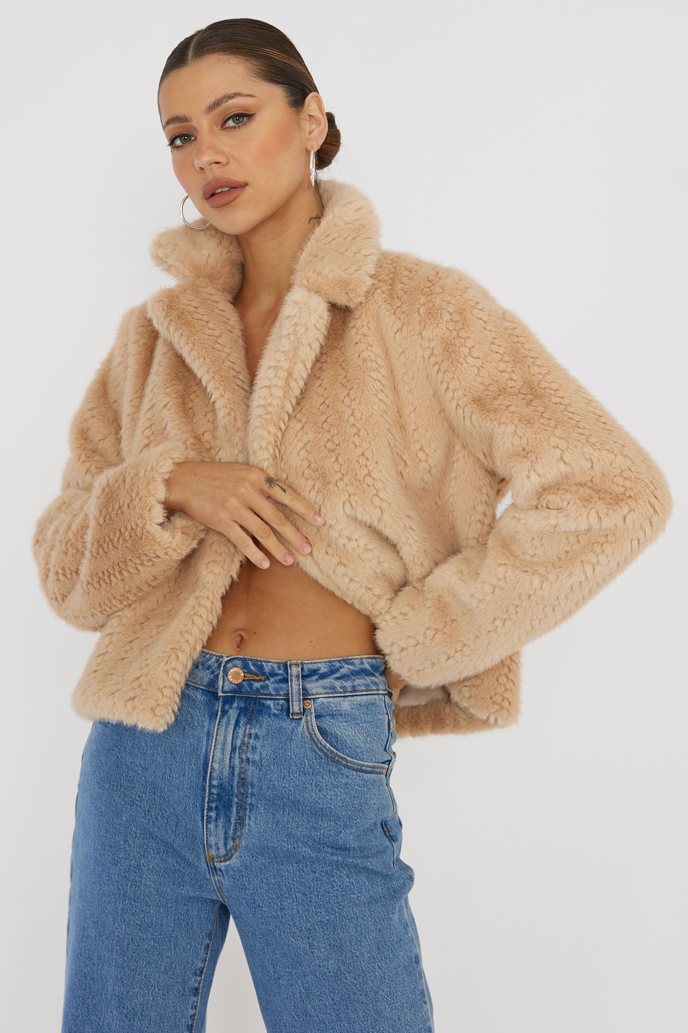 Shop the Savelle Notch Lapel Faux Fur Jacket Camel
