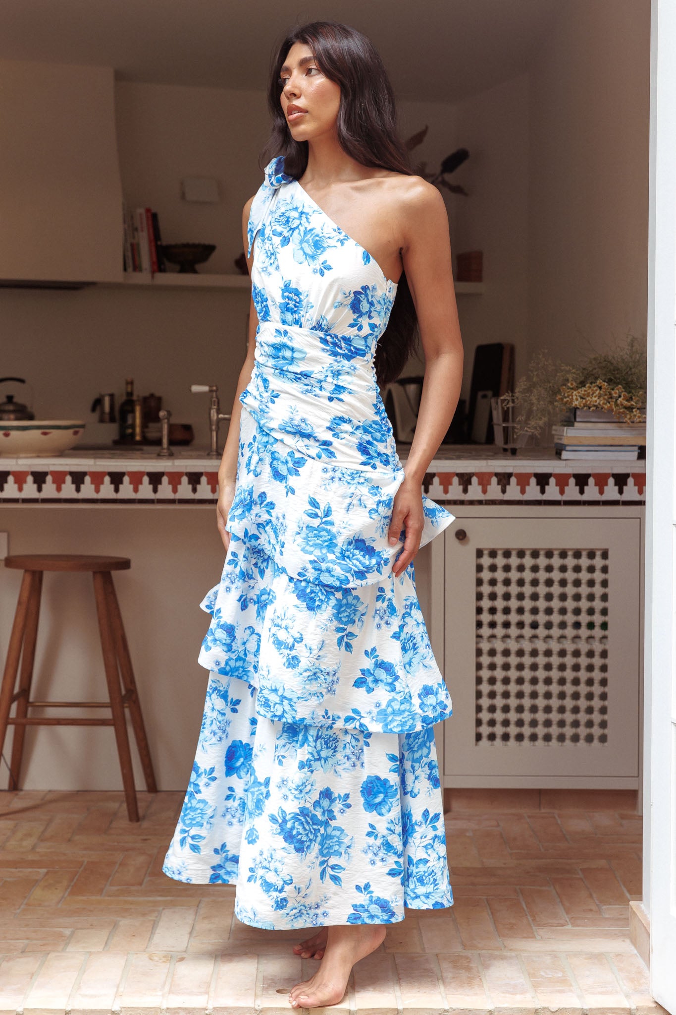Kenny One Shoulder Tiered Maxi Dress Blue S Kenny One Shoulder Tiered Maxi Dress Blue S