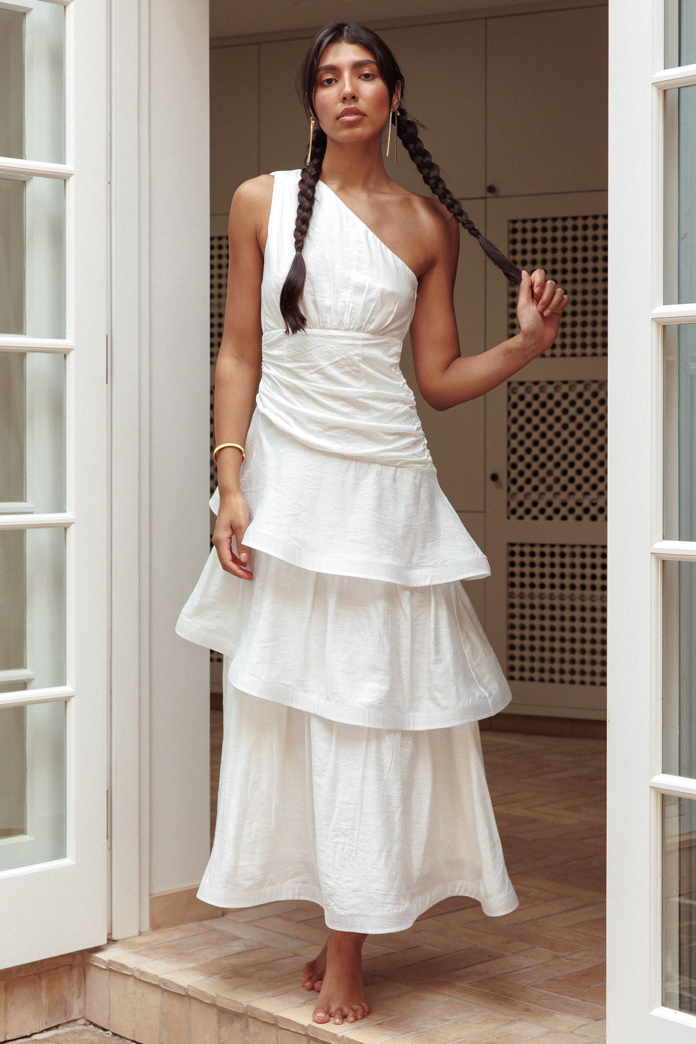 one shoulder layered dress Kenny One Shoulder Tiered Maxi Dress Solid Blue