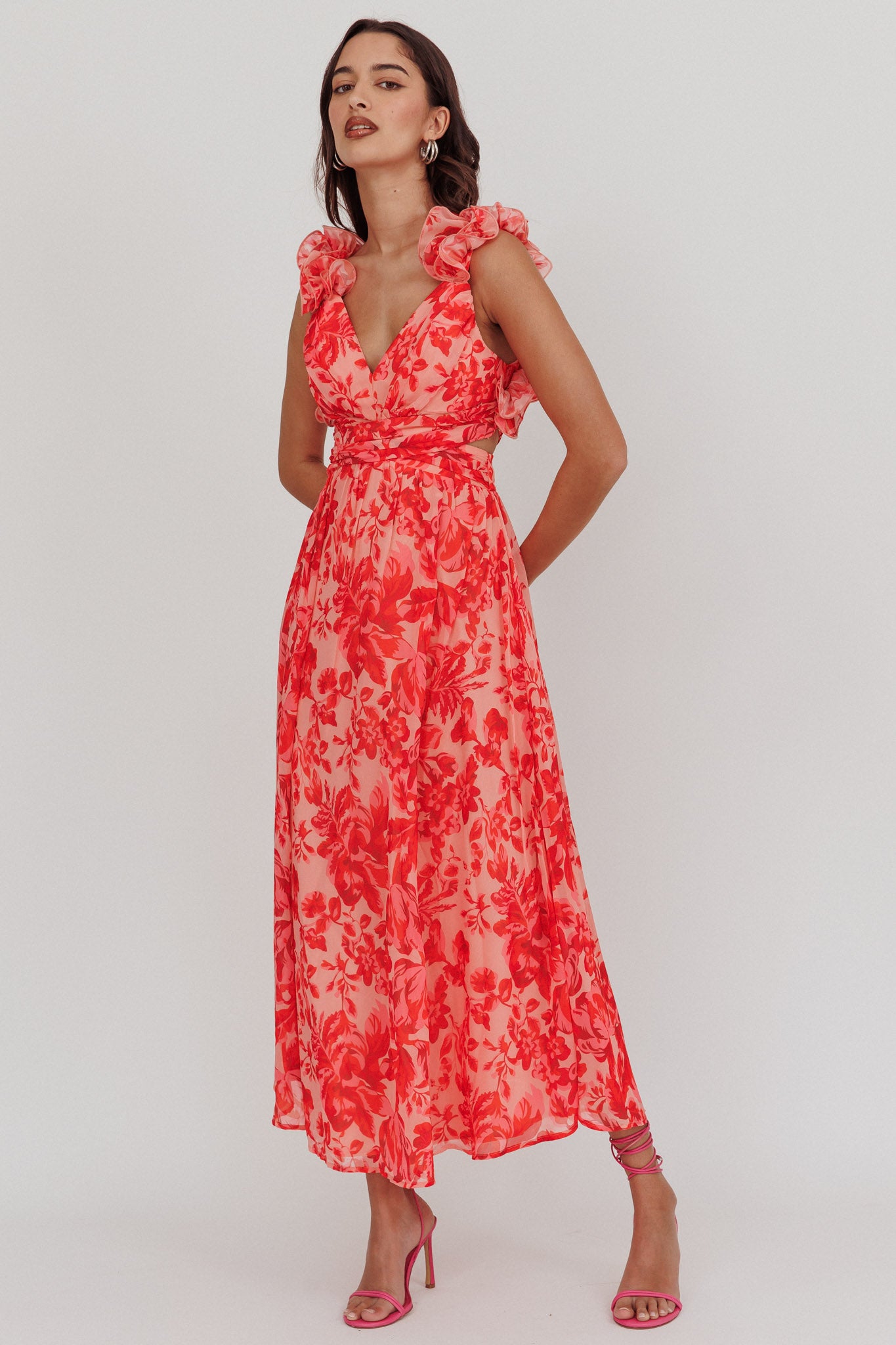 Madara Lace-Up Back Maxi Dress Floral Red - M Madara Lace-Up Back Maxi Dress Floral Red - M