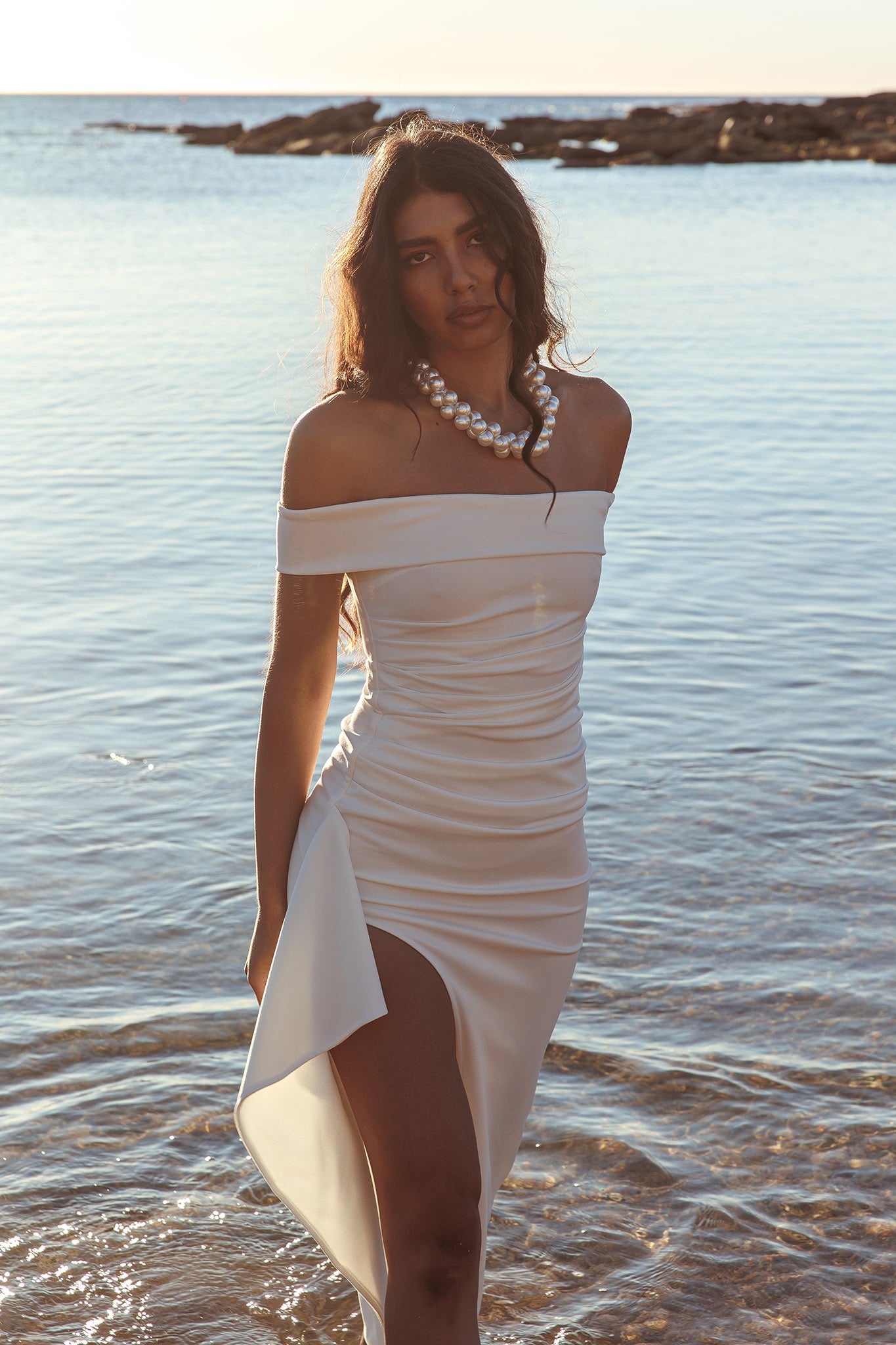 Cha Cha Off Shoulder Thigh Split Maxi Dress Off White Cha Cha Off Shoulder Thigh Split Maxi Dress Off White