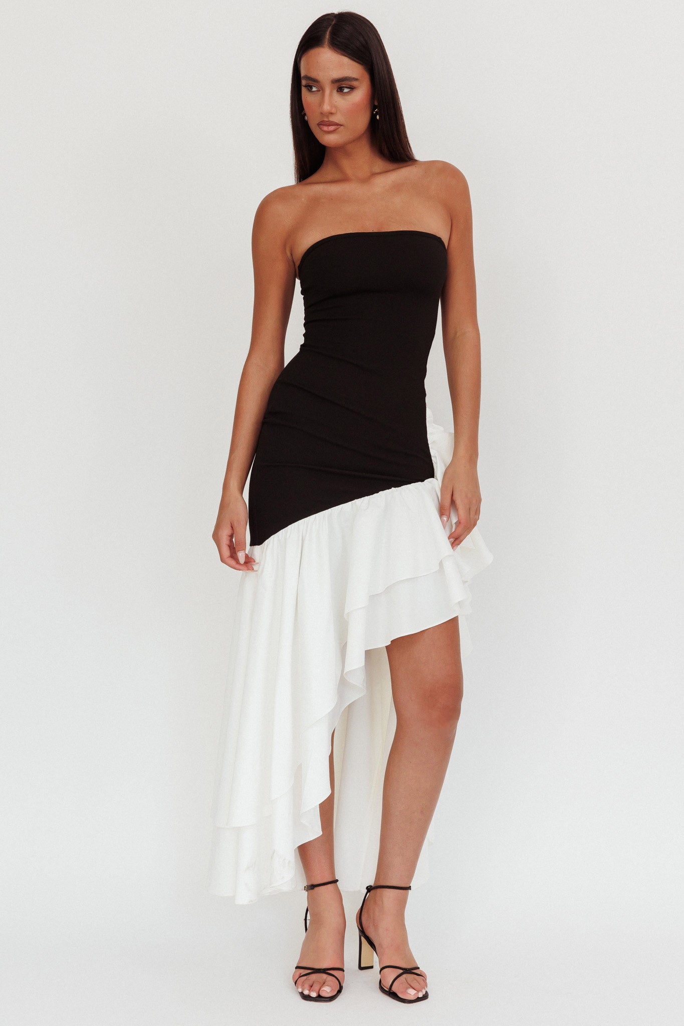 Cha Cha Strapless Thigh Split Dress Black/White Selfie Leslie Cha Cha Strapless Thigh Split Dress Black/White Selfie Leslie
