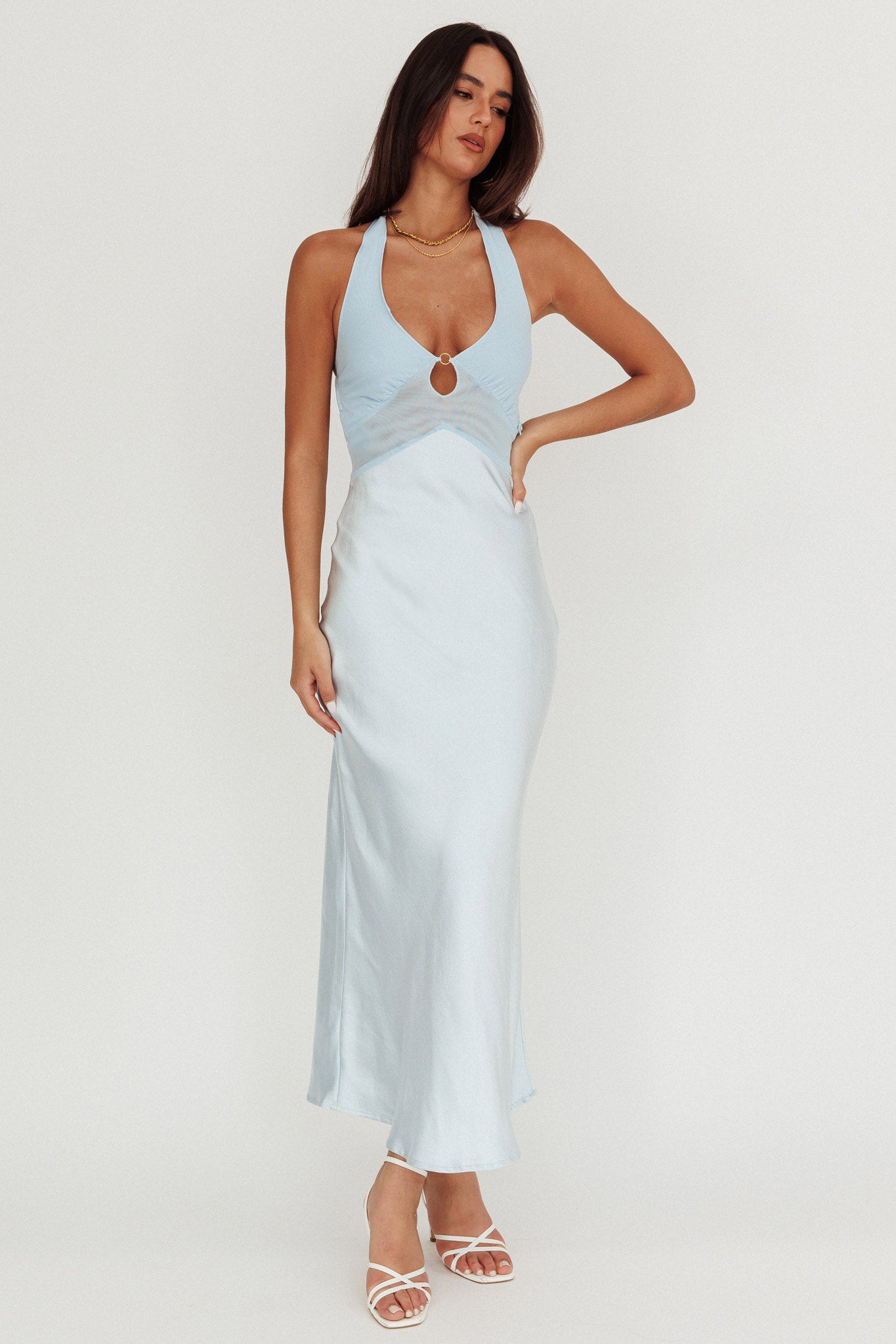 Jaila Mesh Bodice Halter Maxi Dress Baby Blue - XL Jaila Mesh Bodice Halter Maxi Dress Baby Blue - XL
