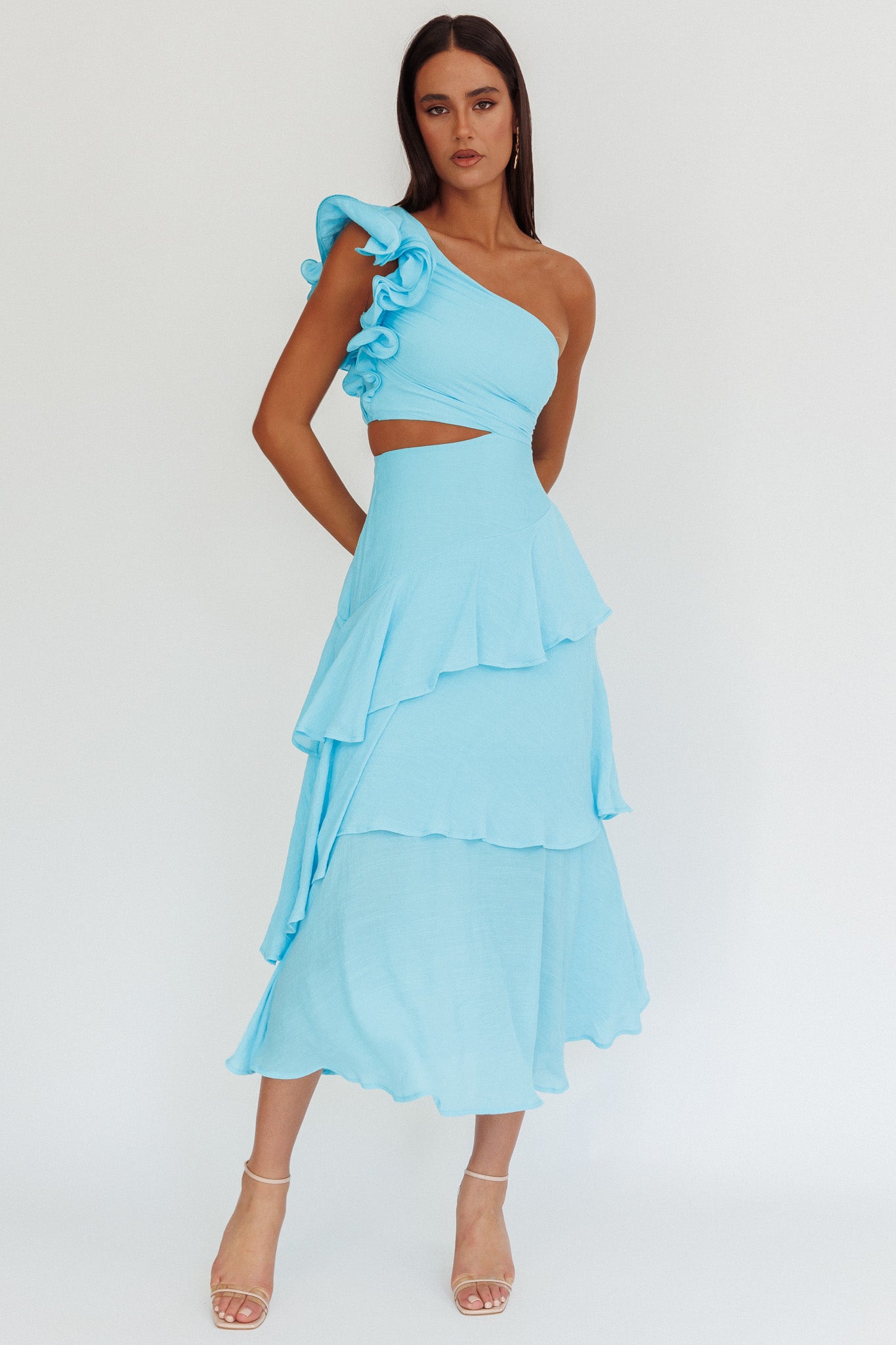 Deanna One-Shoulder Tiered Maxi Dress Blue - XS Deanna One-Shoulder Tiered Maxi Dress Blue - XS