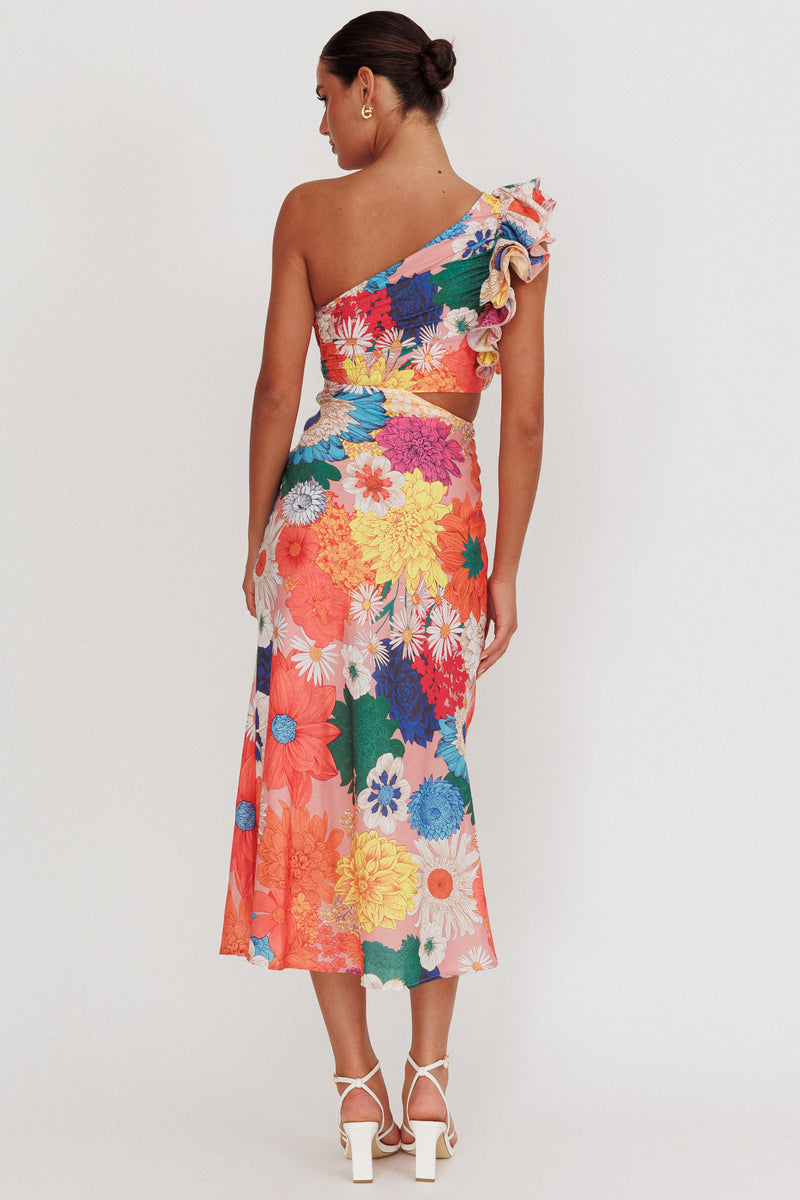 Elianna One Shoulder Satin Maxi Dress - Orange Floral