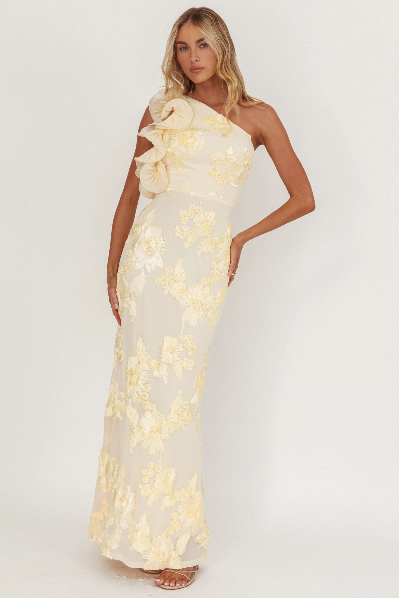 open lace back dress Deanna One-Shoulder Ruffle Maxi Dress Floral Texture Yellow