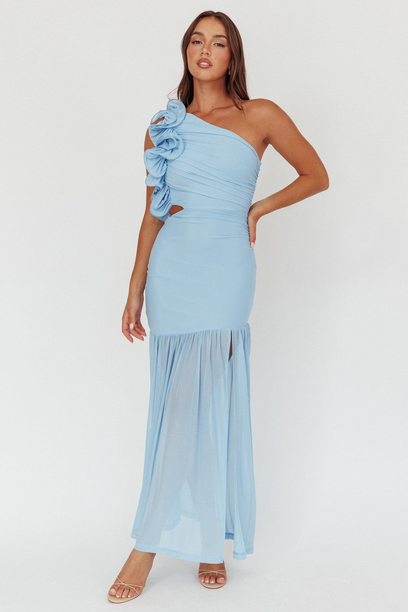 Deanna One-Shoulder Sheer Hem Maxi Dress Blue L Deanna One-Shoulder Sheer Hem Maxi Dress Blue L
