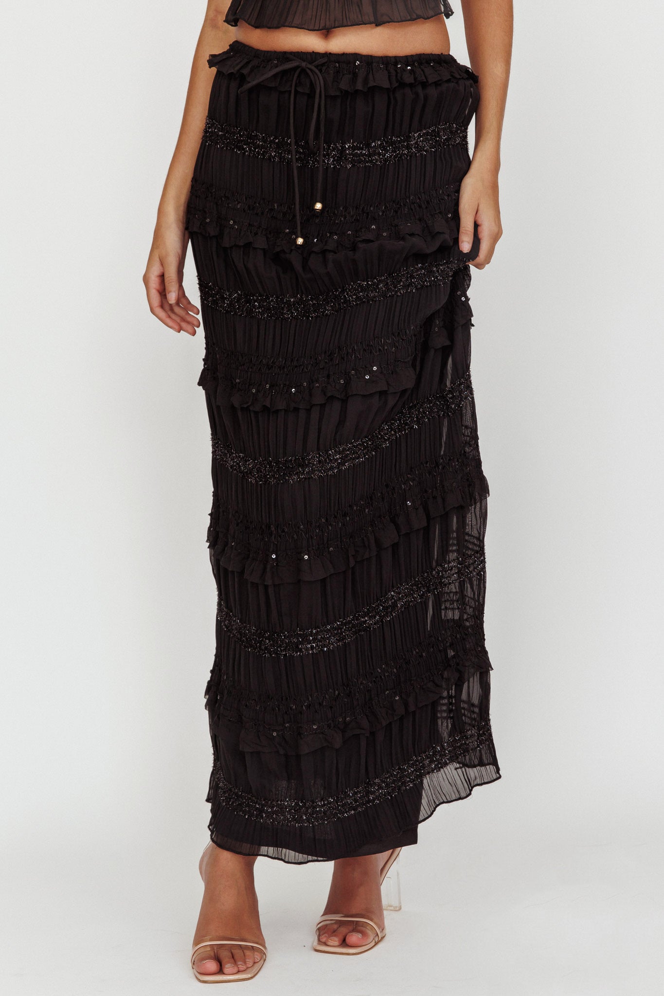 Helios Shirred Sequin Maxi Skirt Black– Selfie Leslie